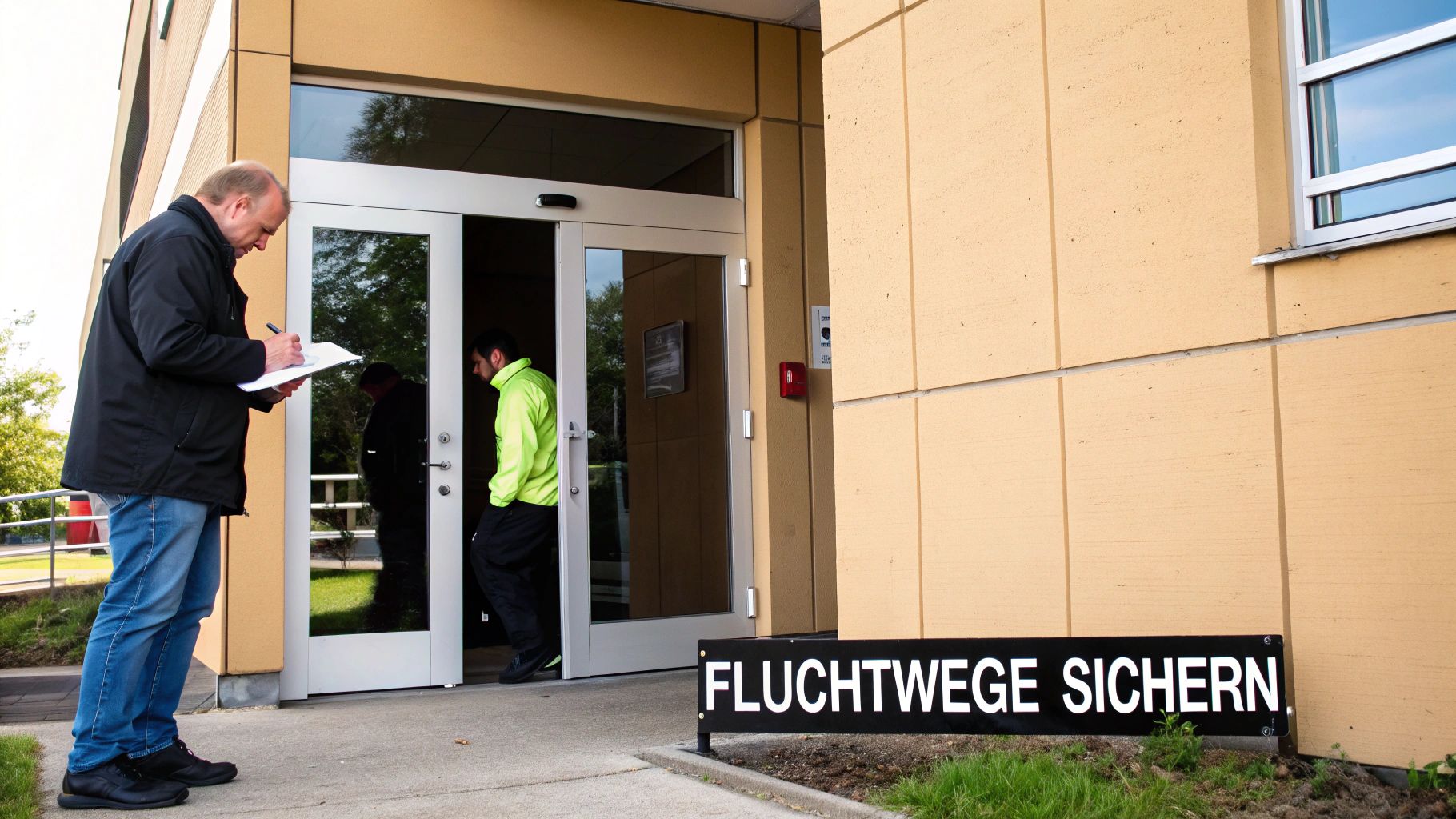 Eine Brandschutztür in einem Mehrfamilienhaus symbolisiert das Spannungsfeld zwischen Einbruchschutz und Fluchtwegsicherheit.