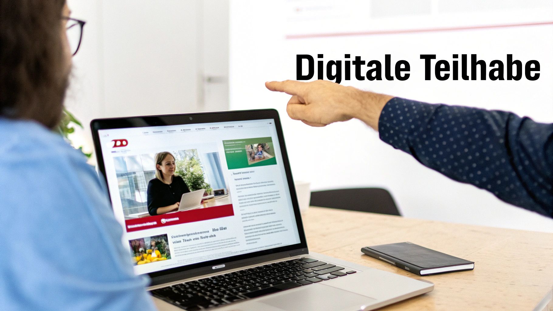 Eine Person im Rollstuhl und eine Person mit Blindenstock navigieren auf einem überdimensionalen Smartphone-Bildschirm, was digitale Inklusion symbolisiert.