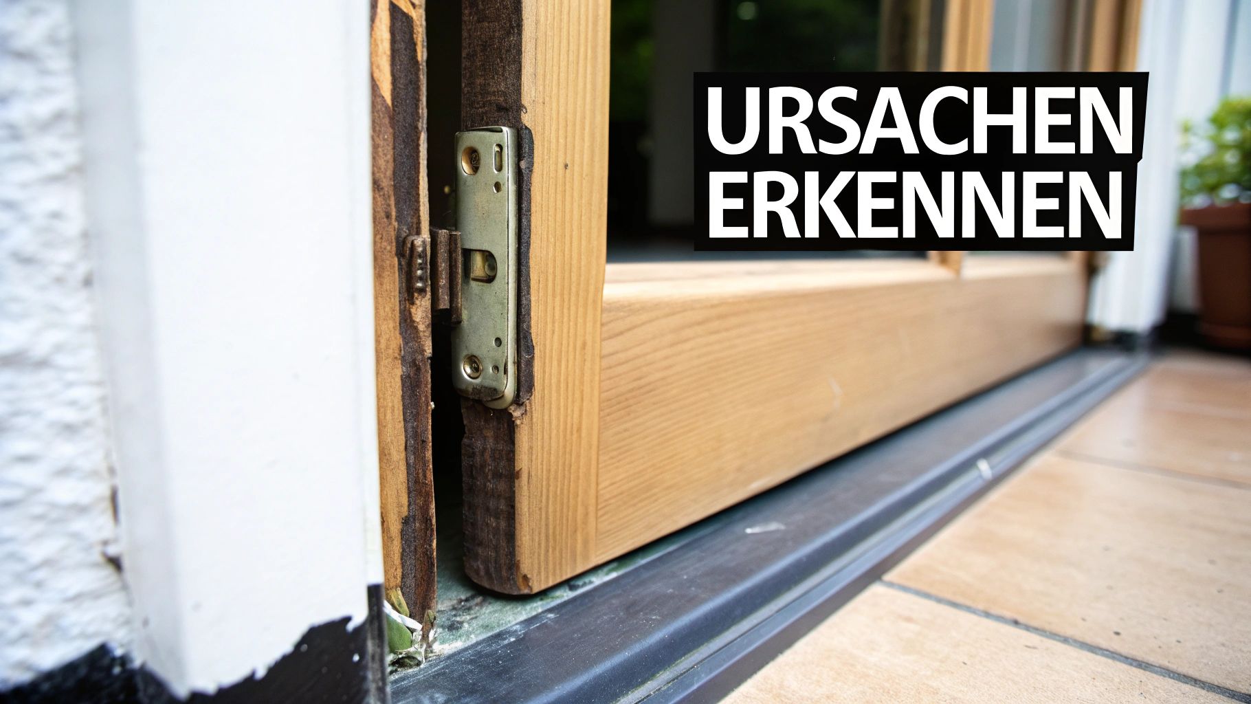 Nahaufnahme einer beschädigten Holztür und eines Türrahmens mit sichtbarem Scharnier und abgeplatztem Material.