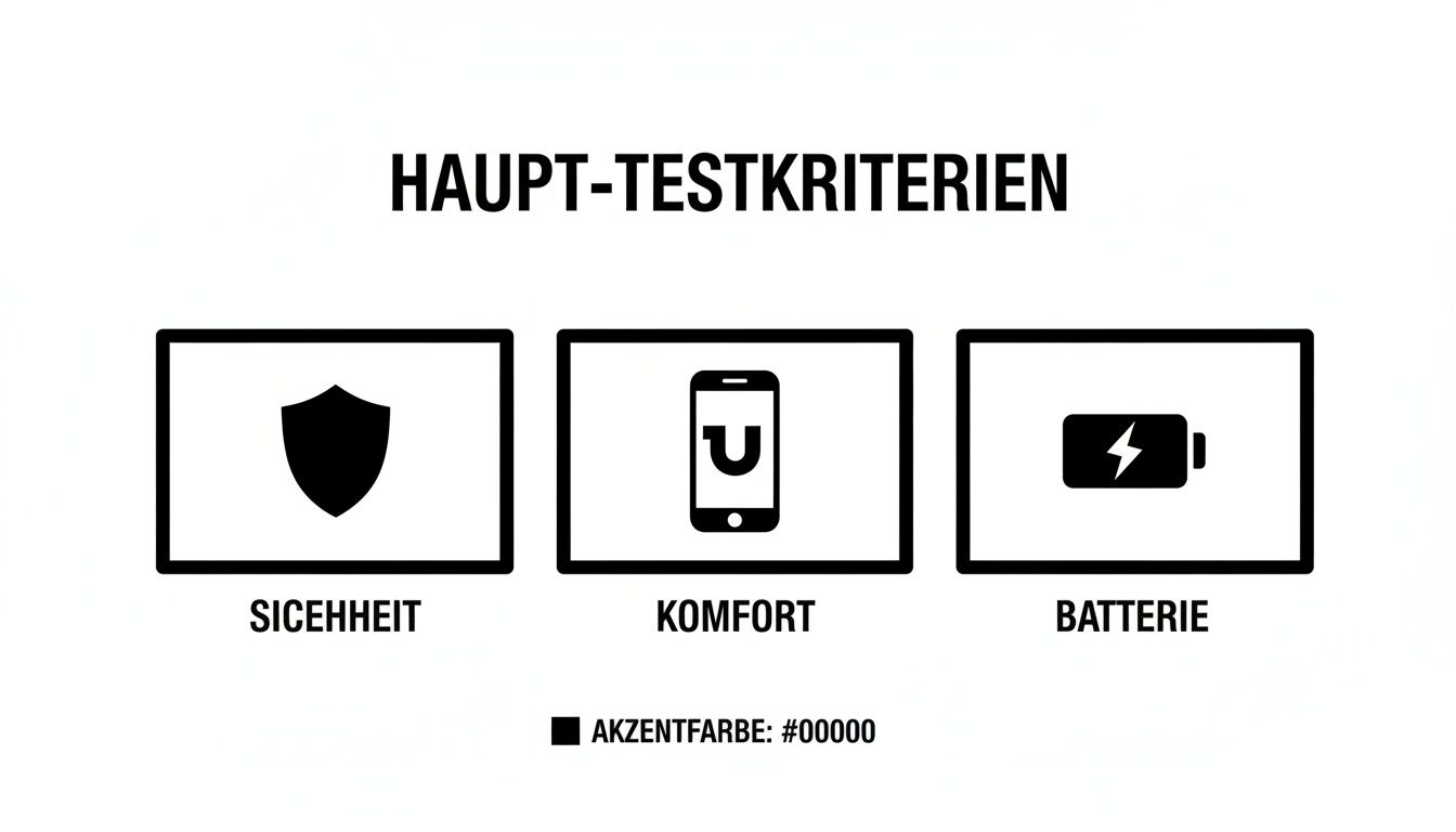 Drei Haupt-Testkriterien mit Icons: Sicherheit (Schild), Komfort (Smartphone) und Batterie (Akku-Symbol).