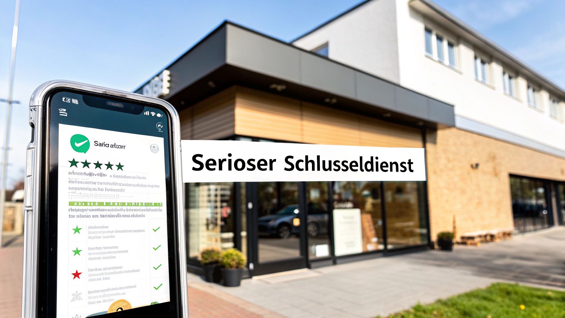 Smartphone zeigt positive Bewertungen für einen Schlüsseldienst vor einem modernen Gebäude mit Schriftzug.