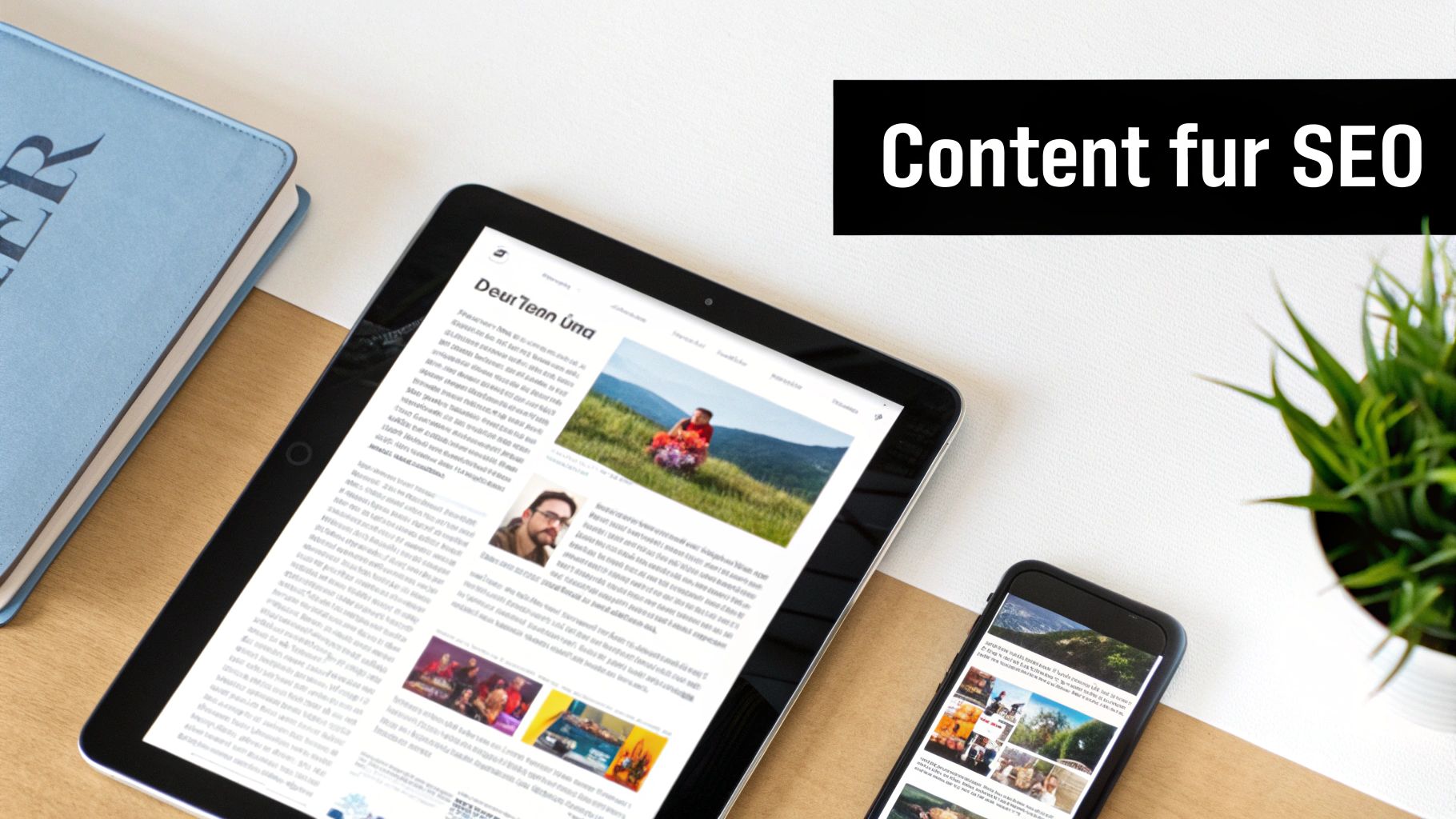 Eine Person plant Content an einem Whiteboard, das Social-Media- und SEO-Icons zeigt