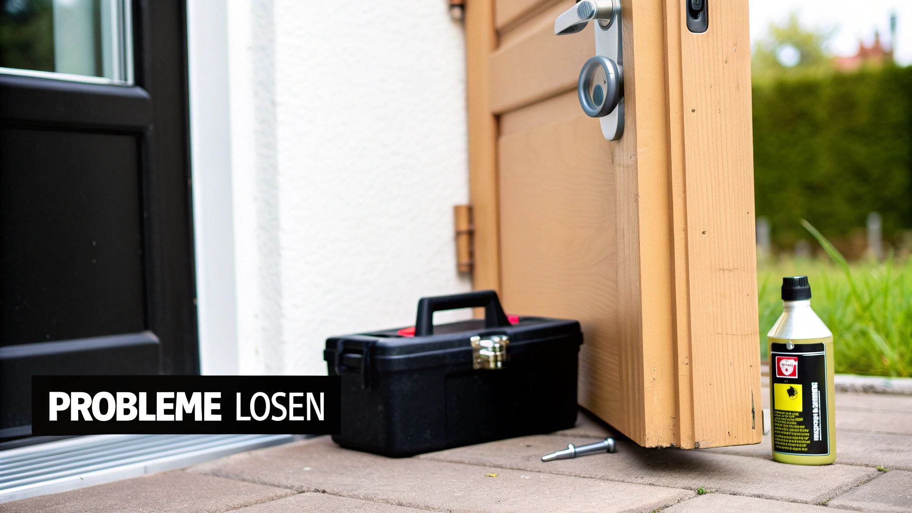 Werkzeugkasten und Schmiermittel stehen vor einer geöffneten Holztür, bereit für die Reparatur.