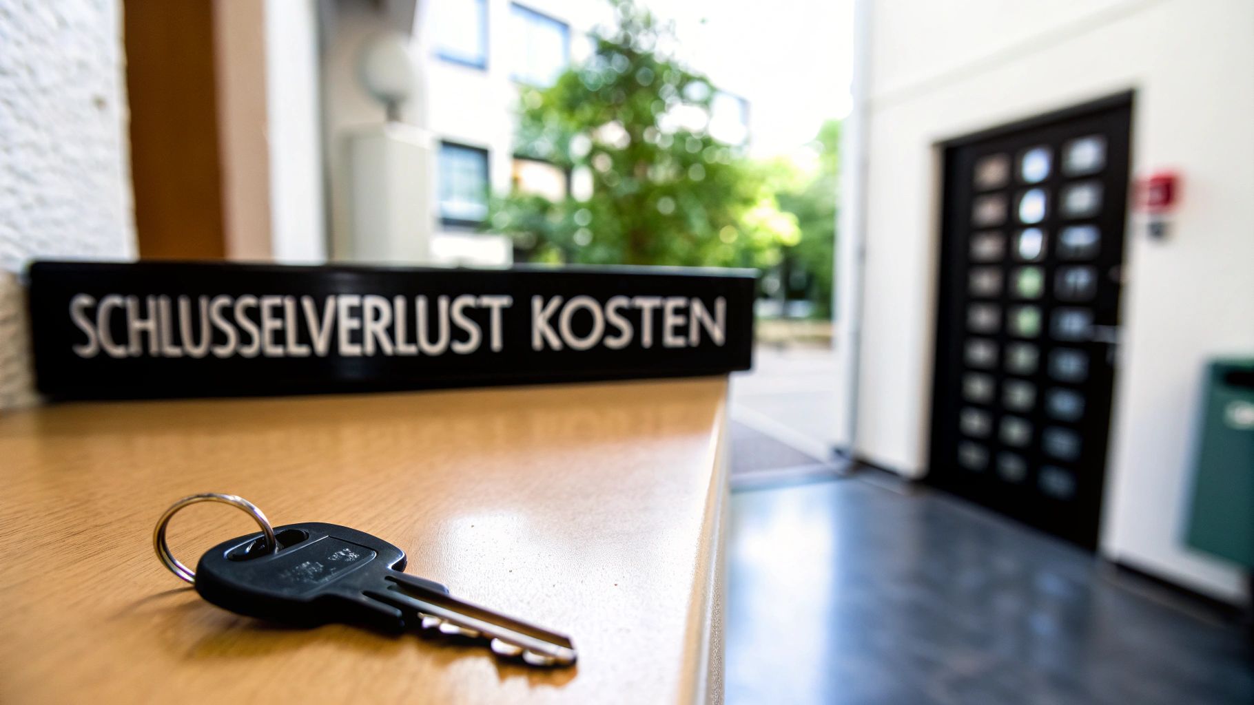Ein schwarzer Schlüssel liegt auf einem Holztisch, dahinter ein Schild mit der Aufschrift 'Schlüsselverlust Kosten'.