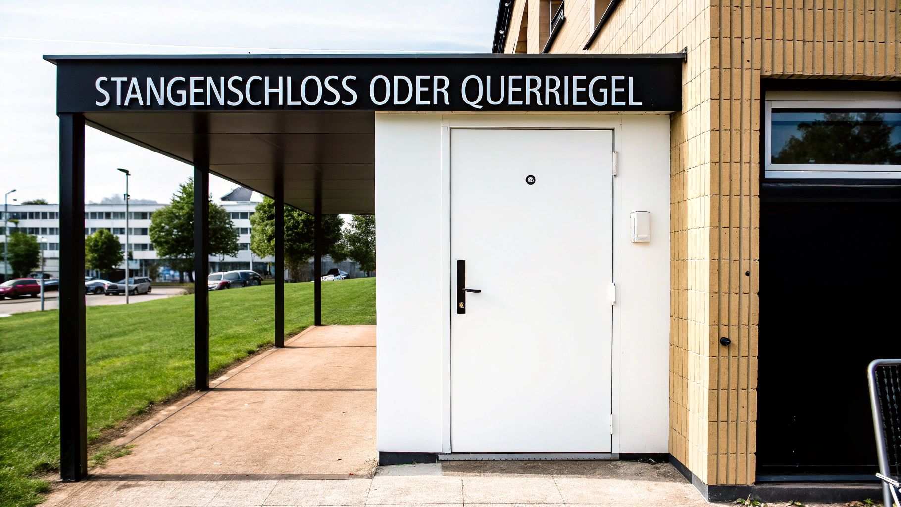 Weißer Türbereich mit schwarzem Schild 'STANGENSCHLOSS ODER QUERRIEGEL' und Überdachung im Freien.