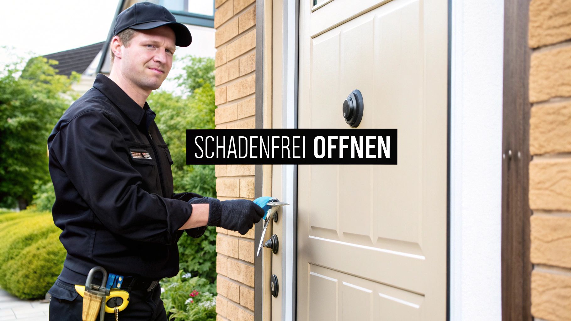 Ein professioneller Schlüsseldienst-Monteur in Arbeitskleidung öffnet schadenfrei eine Haustür mit Spezialwerkzeug.