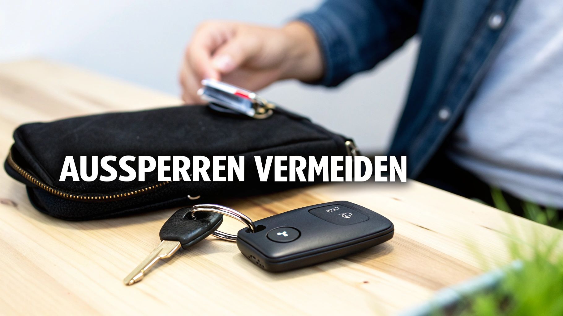 Nahaufnahme einer Hand, die einen Autoschlüssel hält, mit einem unscharfen Auto im Hintergrund