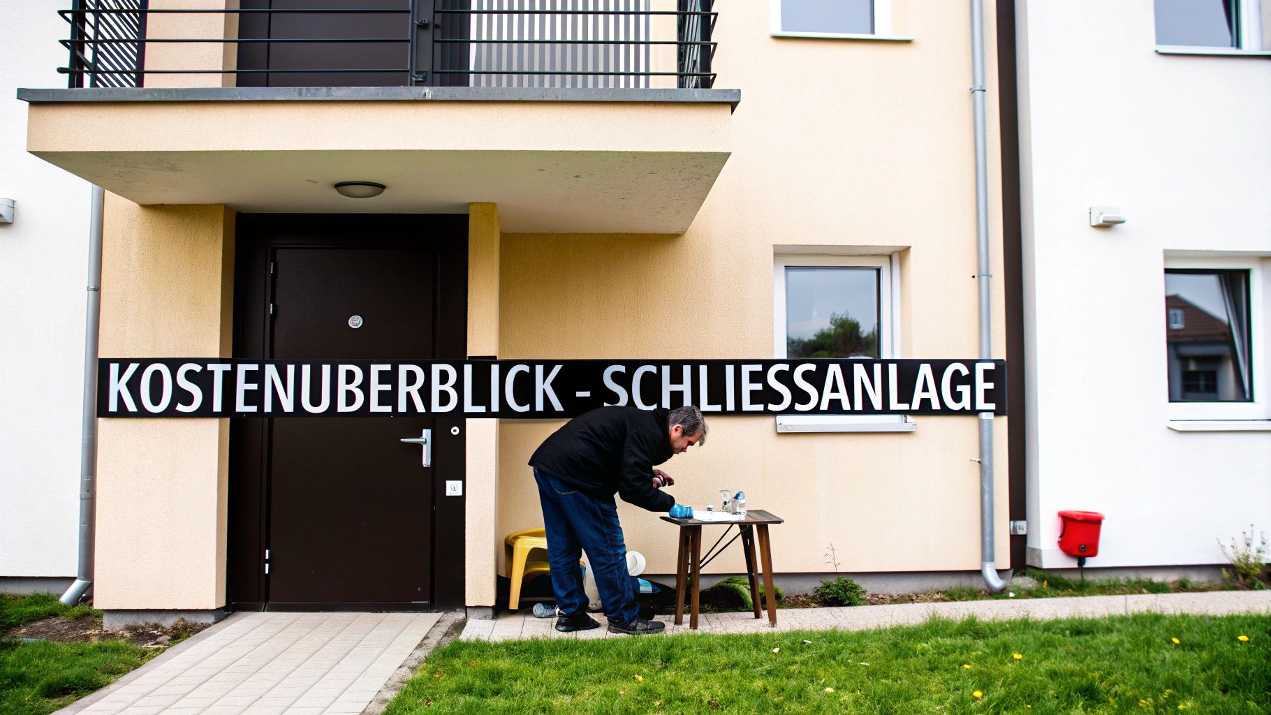 Ein Mann in Arbeitskleidung prüft Dokumente oder Gegenstände vor einem Mehrfamilienhaus mit dem Schild 'KOSTENÜBERBLICK - SCHLIESSANLAGE'.
