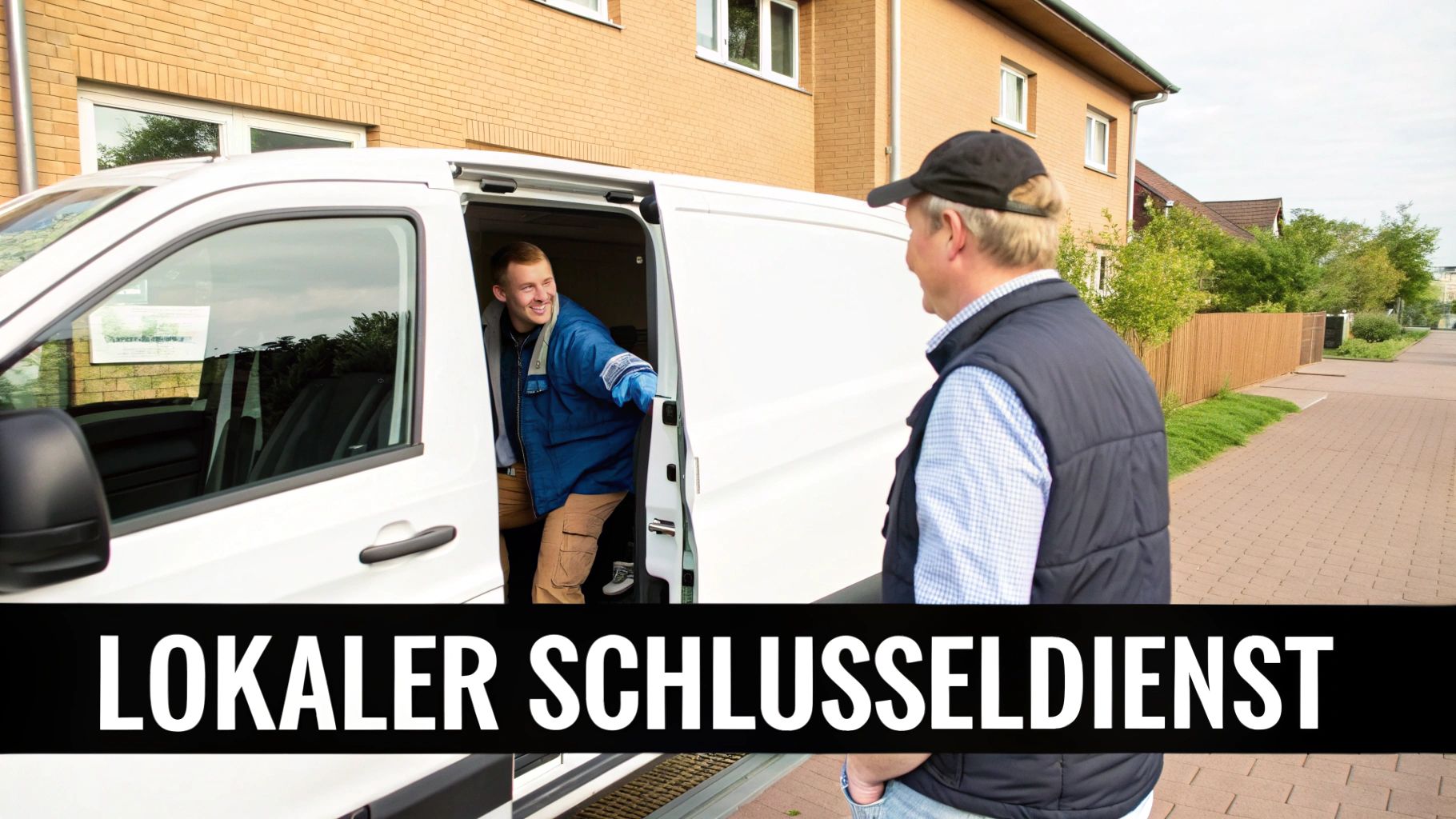 Ein Mitarbeiter des lokalen Schlüsseldienstes steigt aus seinem Lieferwagen und spricht mit einem Kunden auf der Straße.