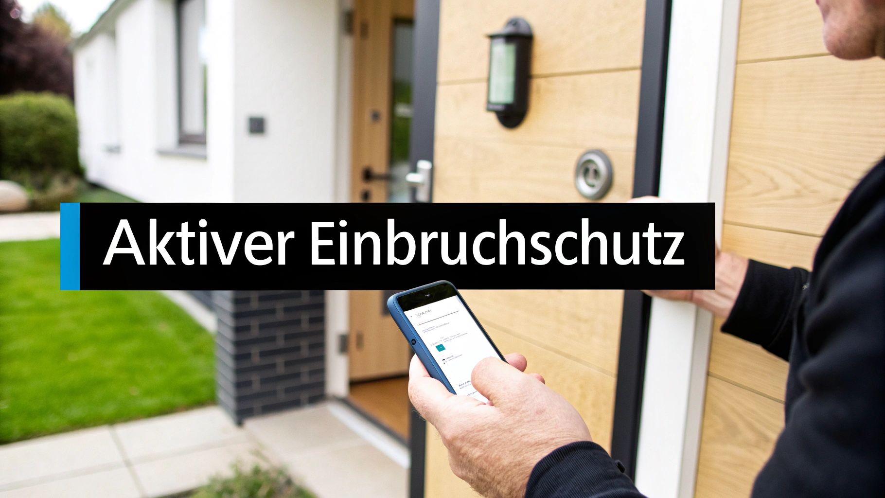 Eine Hand hält ein Smartphone vor einer modernen Haustür mit Überwachungssystem und dem Text 'Aktiver Einbruchschutz'.