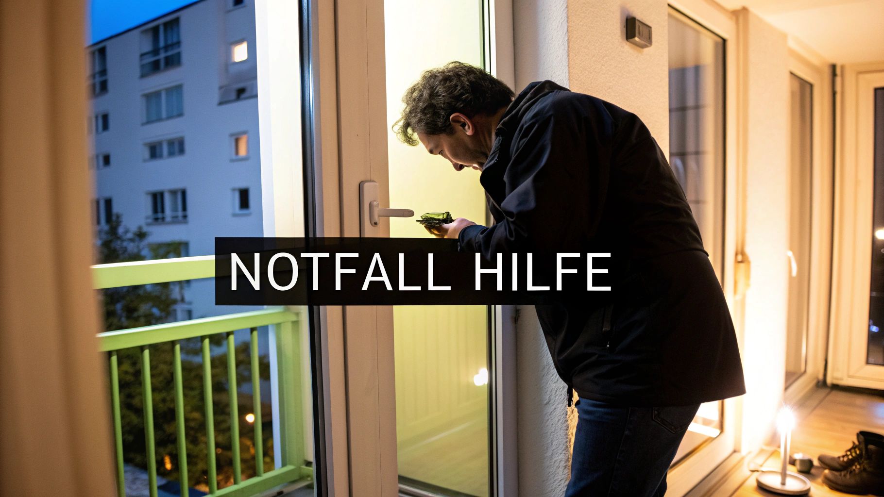 Ein Mann repariert ein Balkontürschloss mit einem Werkzeug, während der Text „NOTFALL HILFE“ angezeigt wird.