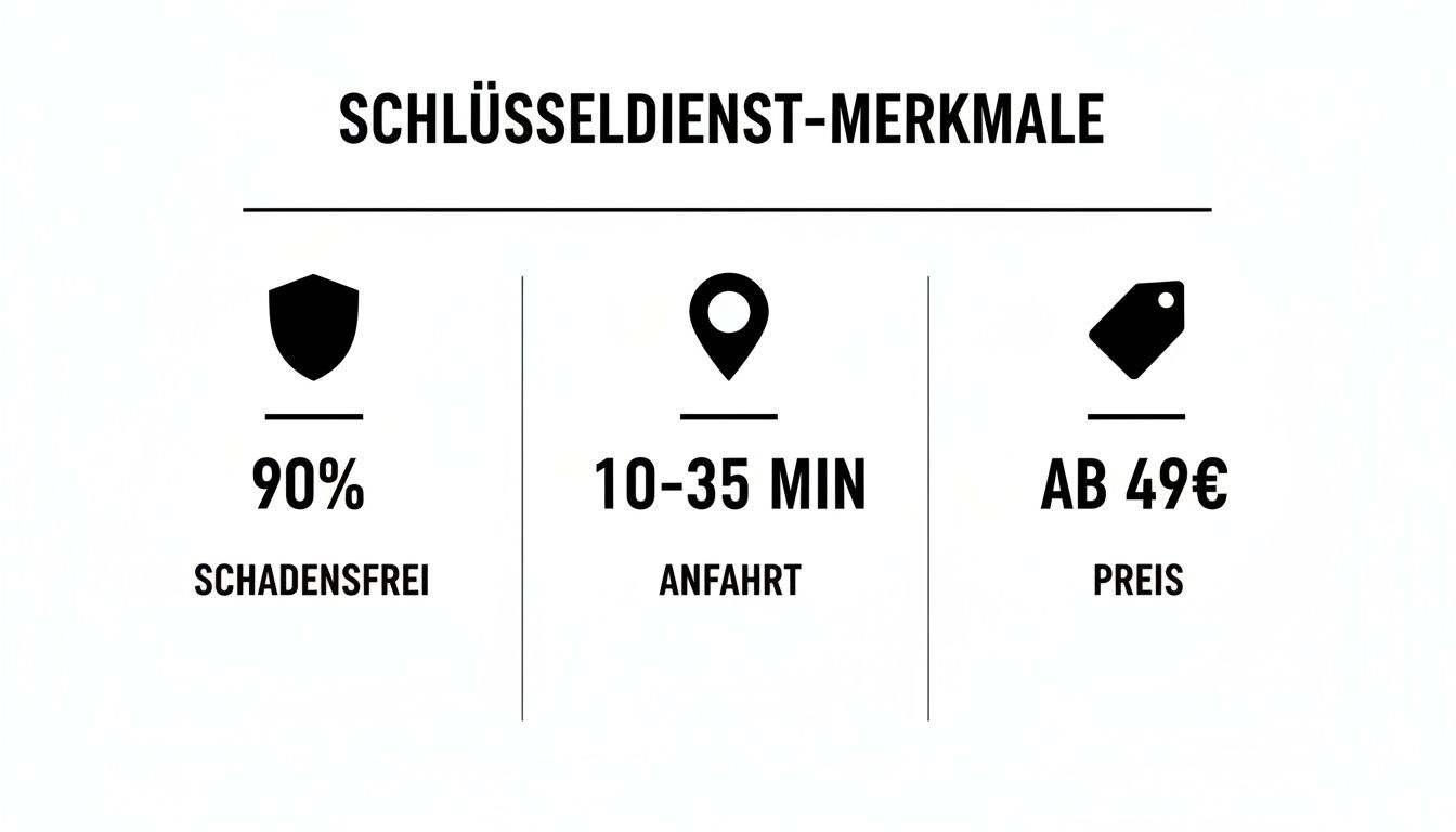 Merkmale eines Schlüsseldienstes: 90% schadensfrei, 10-35 Minuten Anfahrt, Preise ab 49€.