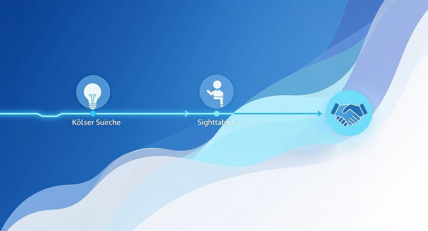 Ein Prozessdiagramm zeigt Schritte von 'Kölser Suirche' über 'Sighttablet' bis zu einem erfolgreichen Geschäftsabschluss, dargestellt durch Symbole.