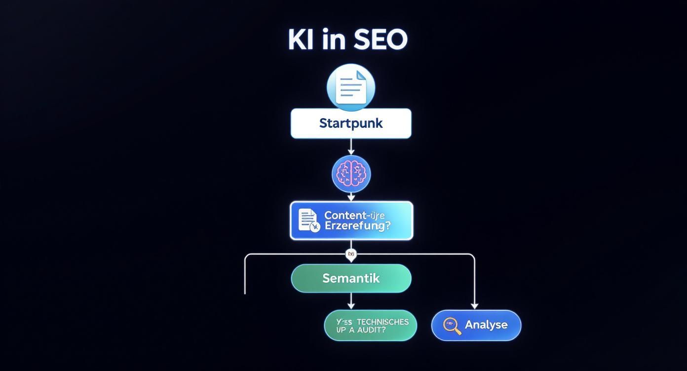 Flussdiagramm zur KI-gestützten SEO-Strategie, beginnend mit Content-Erstellung, Semantik und technischer Analyse.