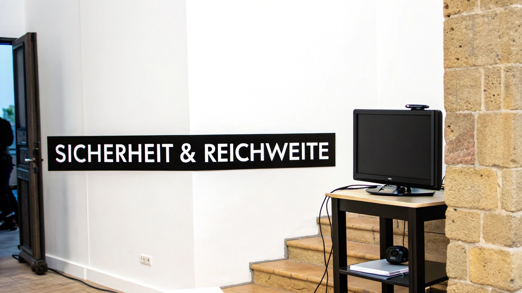 Innenaufnahme eines modernen Raumes mit großem Schild 'Sicherheit & Reichweite' und einem Monitor.