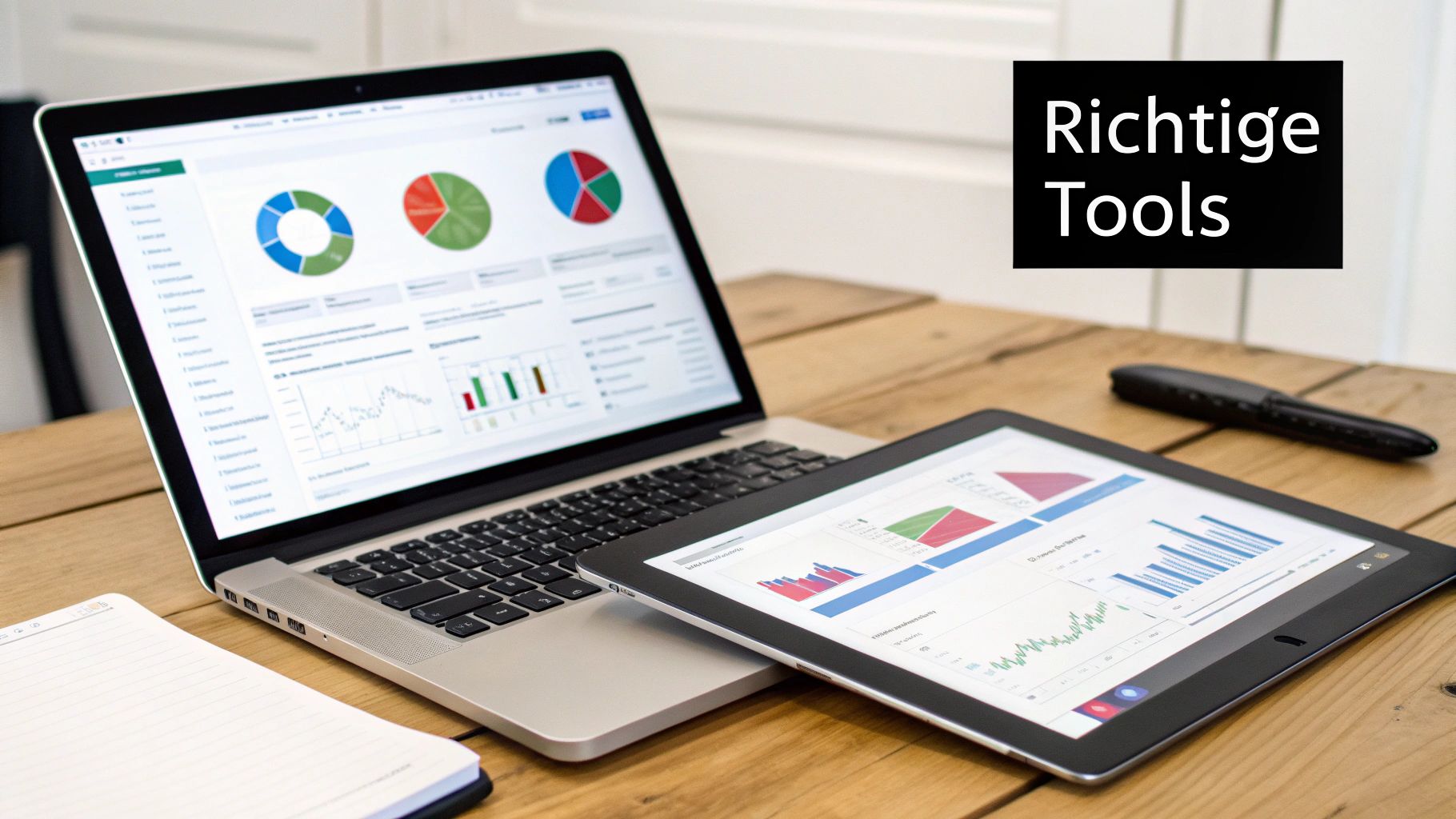 Laptop und Tablet auf Holztisch mit Geschäftsdiagrammen. Die Botschaft 'Richtige Tools' betont effektive Analyse-Werkzeuge für Strategie.