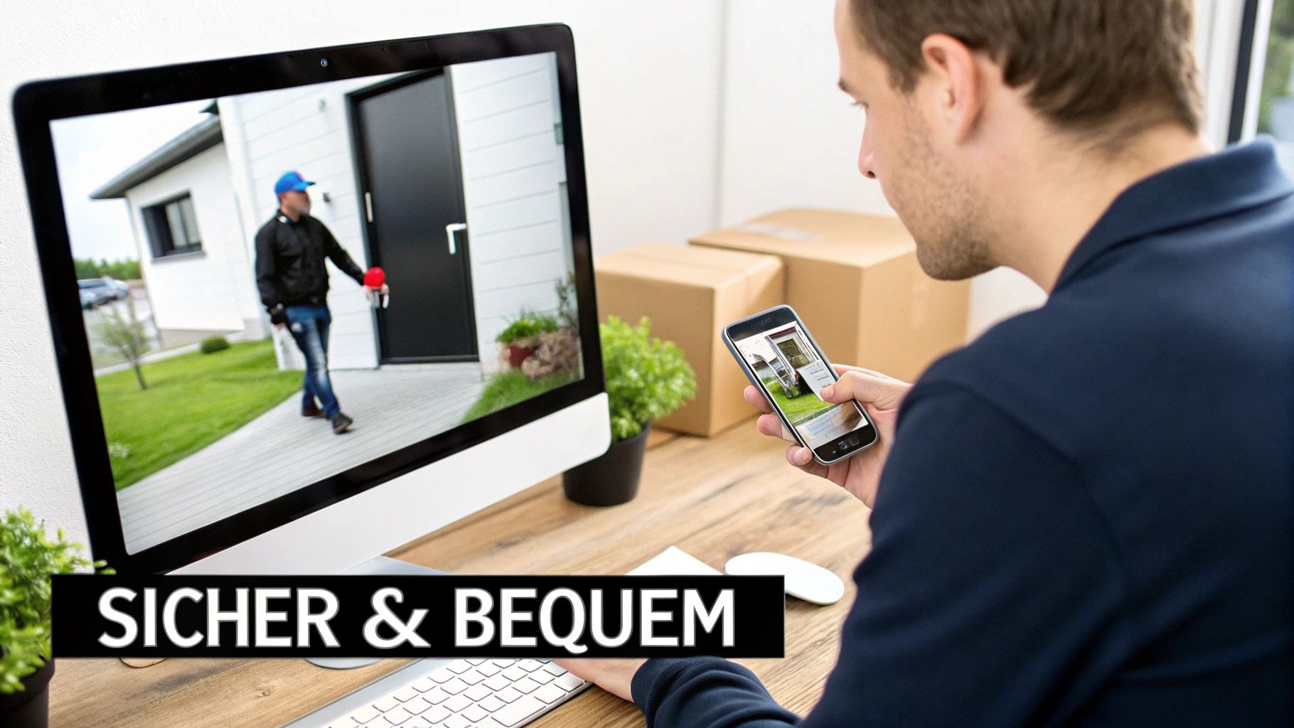 Mann überwacht sein Zuhause mit einer Funk-Türsprechanlage auf Monitor und Smartphone.