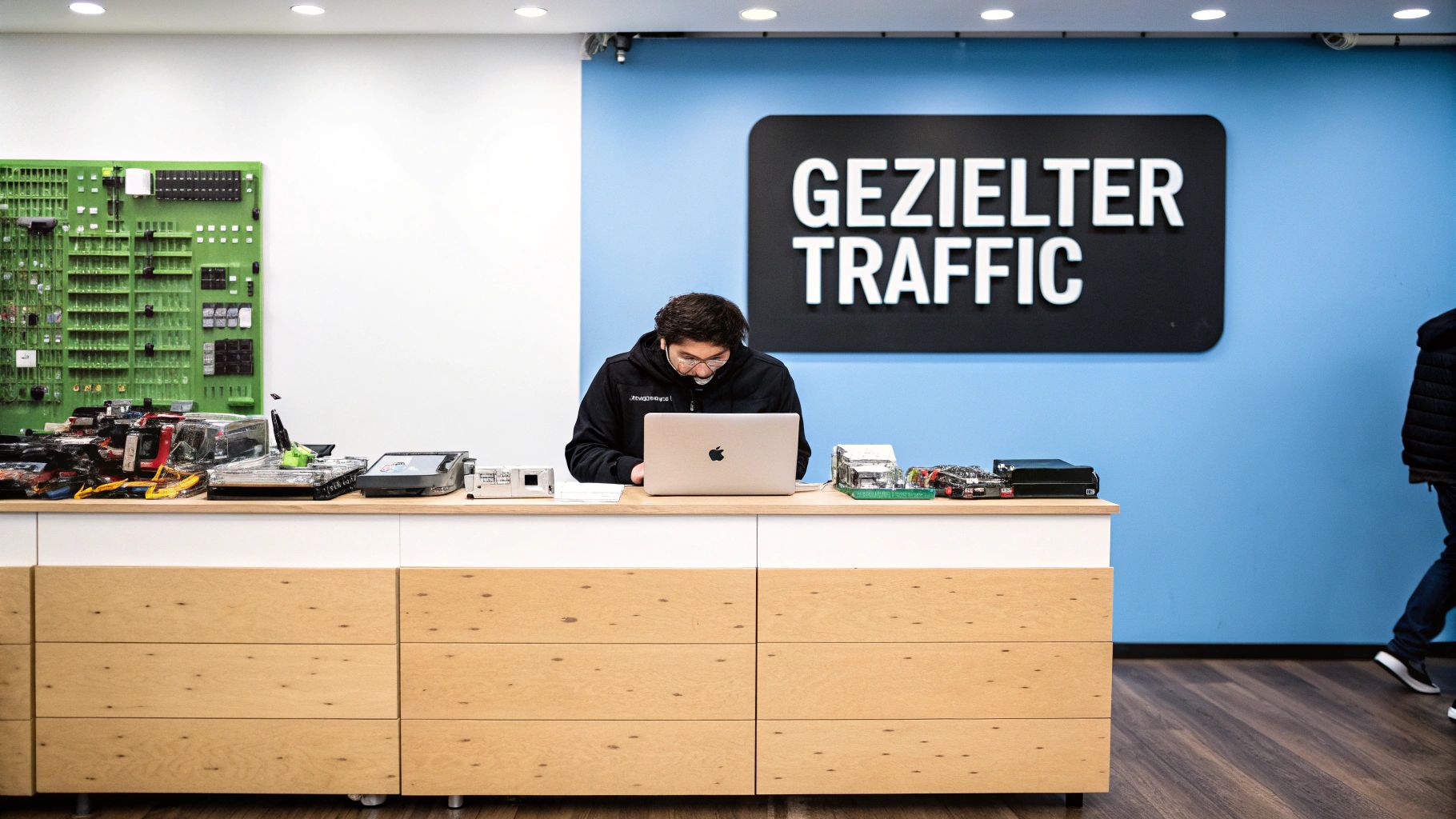 Ein Mann arbeitet an einem Laptop an einem Tresen mit Elektronikgeräten und einem Schild "GEZIELTER TRAFFIC".