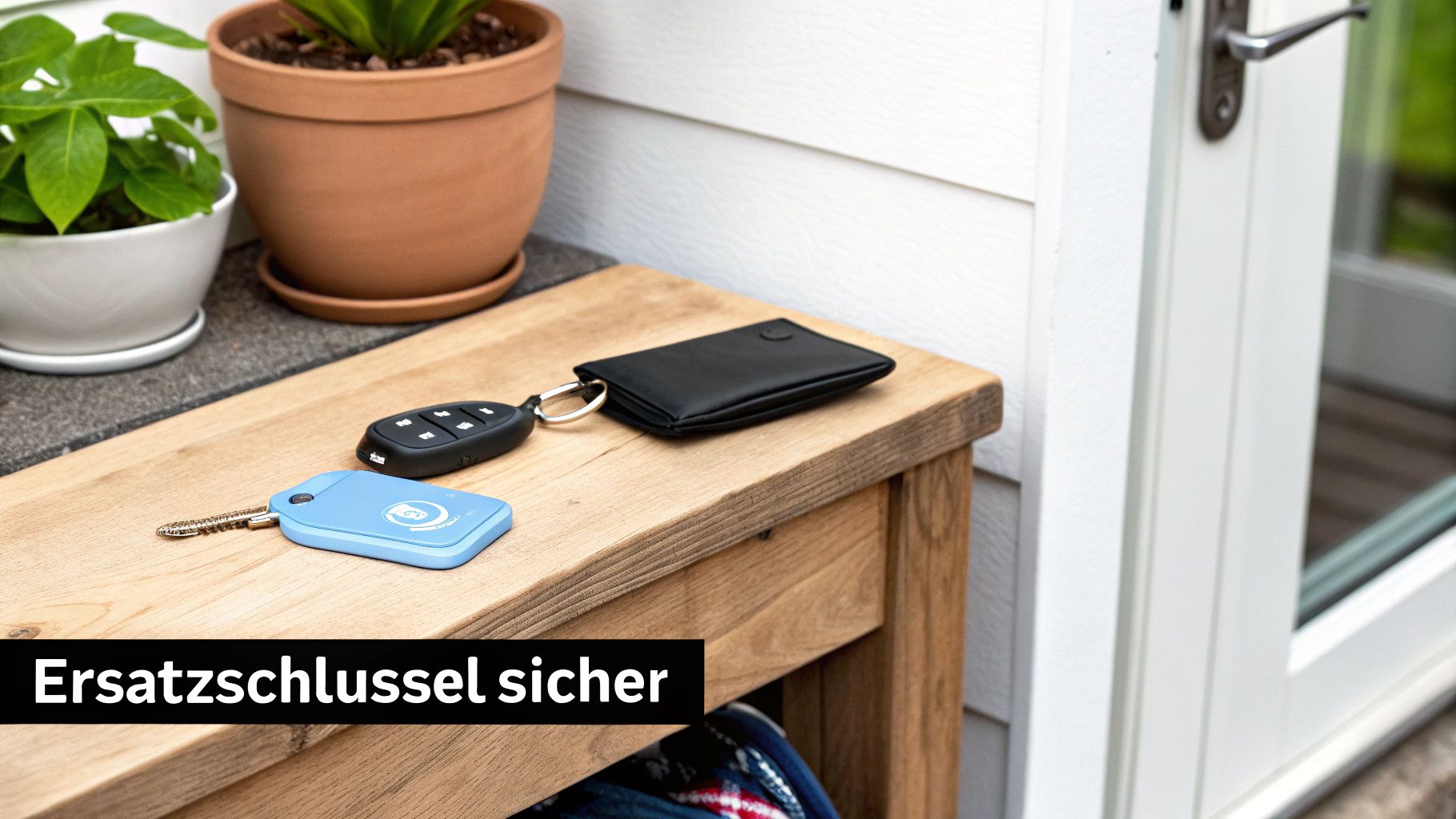 Ein moderner Autoschlüssel liegt sicher in einer abschirmenden RFID-Schutzhülle auf einem Holztisch.