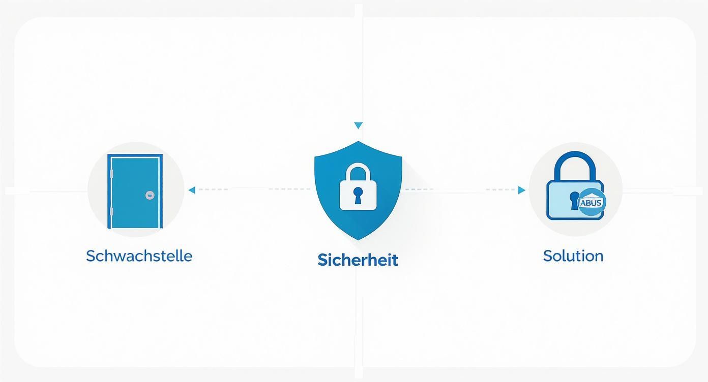 Sicherheitskonzept mit Schwachstelle Tür, Sicherheitsschild mit Schloss und ABUS Zusatzschloss als Lösung