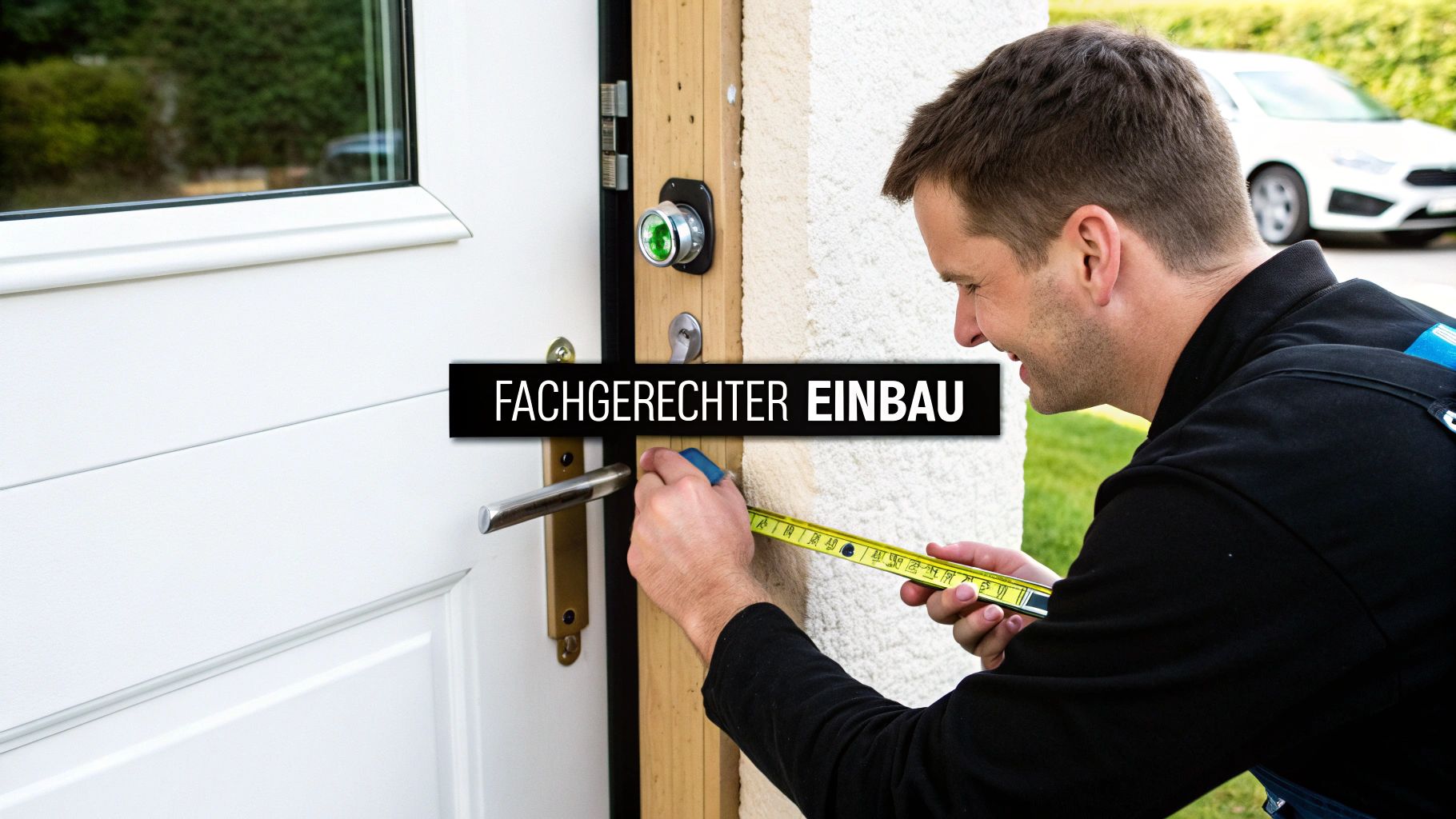 Ein Monteur misst einen Türrahmen für den fachgerechten Einbau eines modernen Schließsystems.