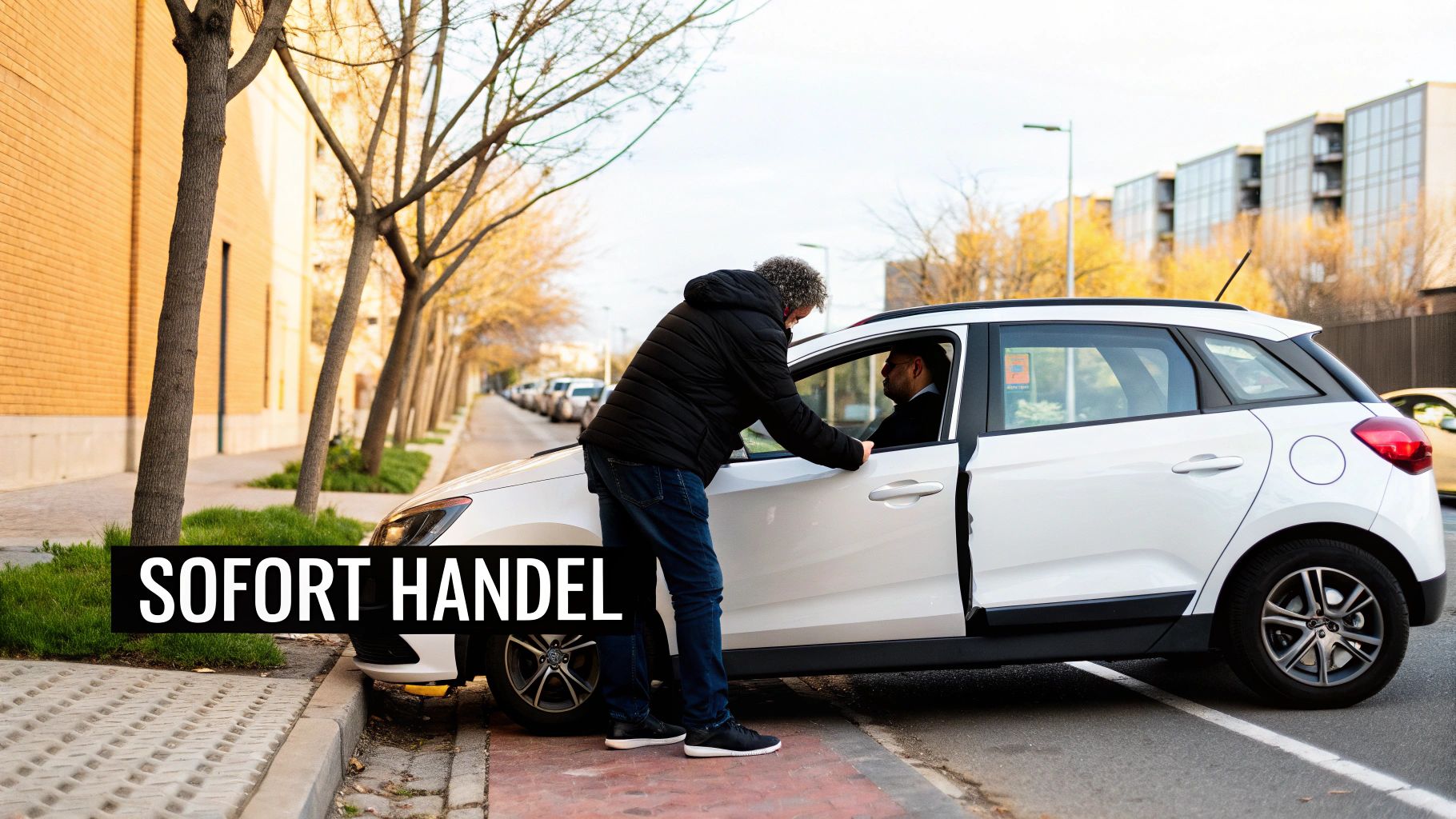 Ein Mann beugt sich zu einem Fahrer in einem weißen Auto mit offener Tür am Straßenrand.