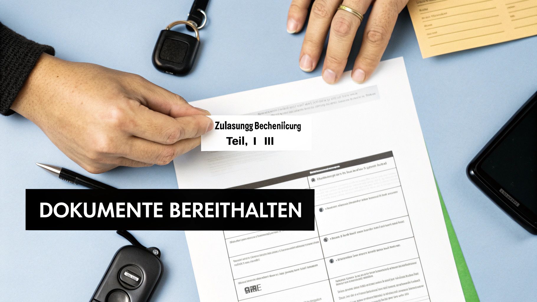 Eine Person hält einen Fahrzeugschein und Personalausweis in der Hand, um sich für einen neuen Autoschlüssel zu identifizieren.