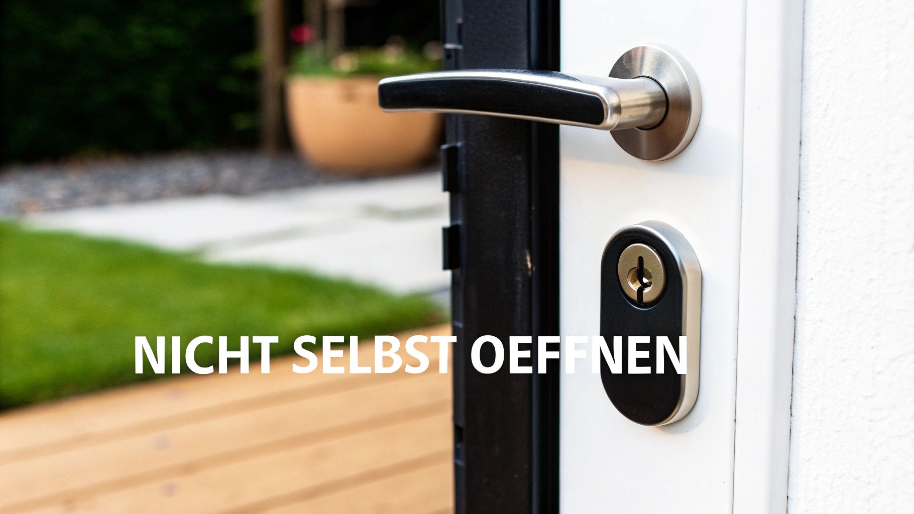 Nahaufnahme einer leicht geöffneten weißen Tür mit silbernem Griff und Schloss. Auf dem Bild steht der Text: 'NICHT SELBST OEFFNEN'.