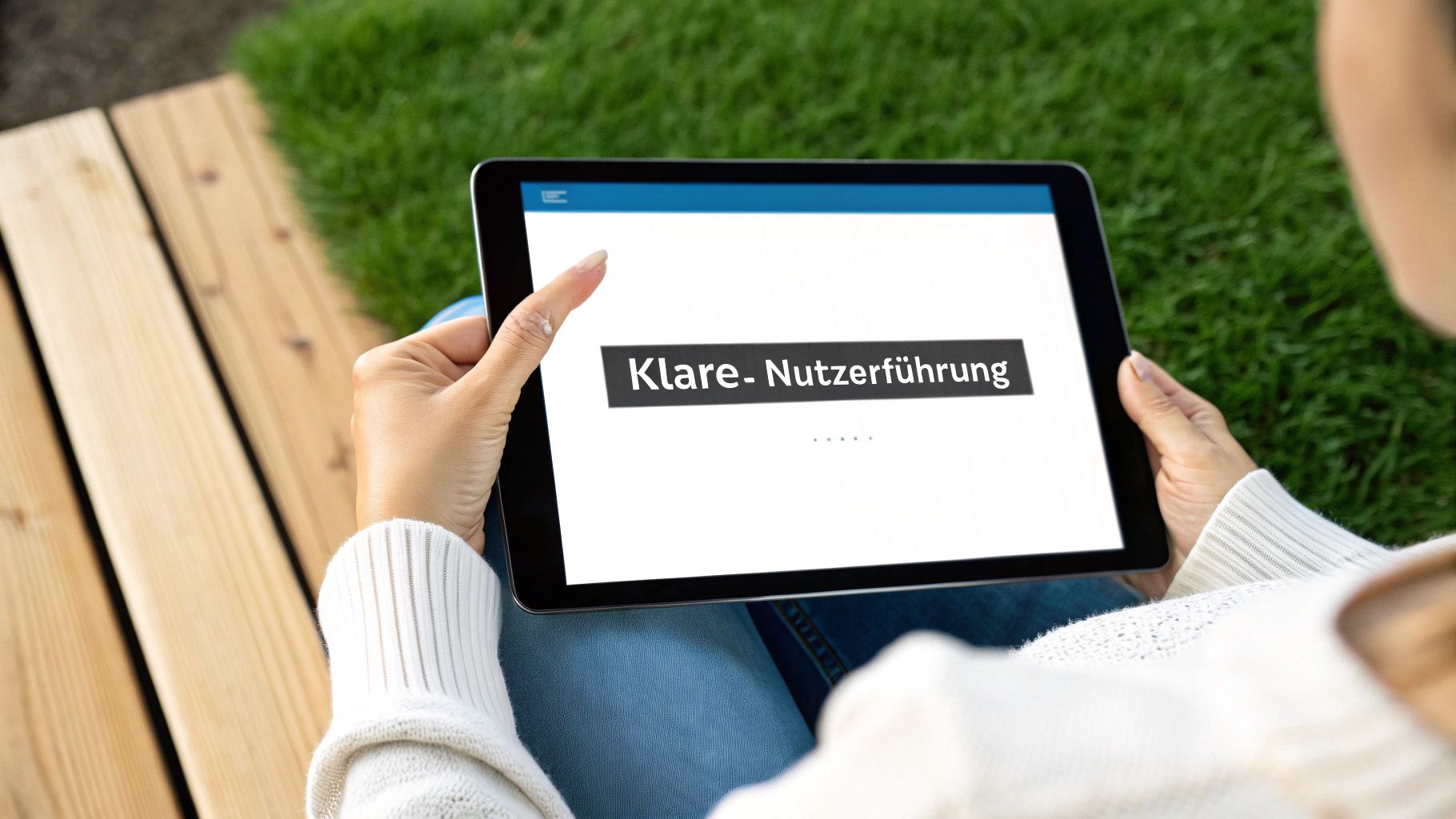 Eine Person hält ein Tablet im Freien, das „Klare- Nutzerführung“ anzeigt und berührt den Bildschirm.