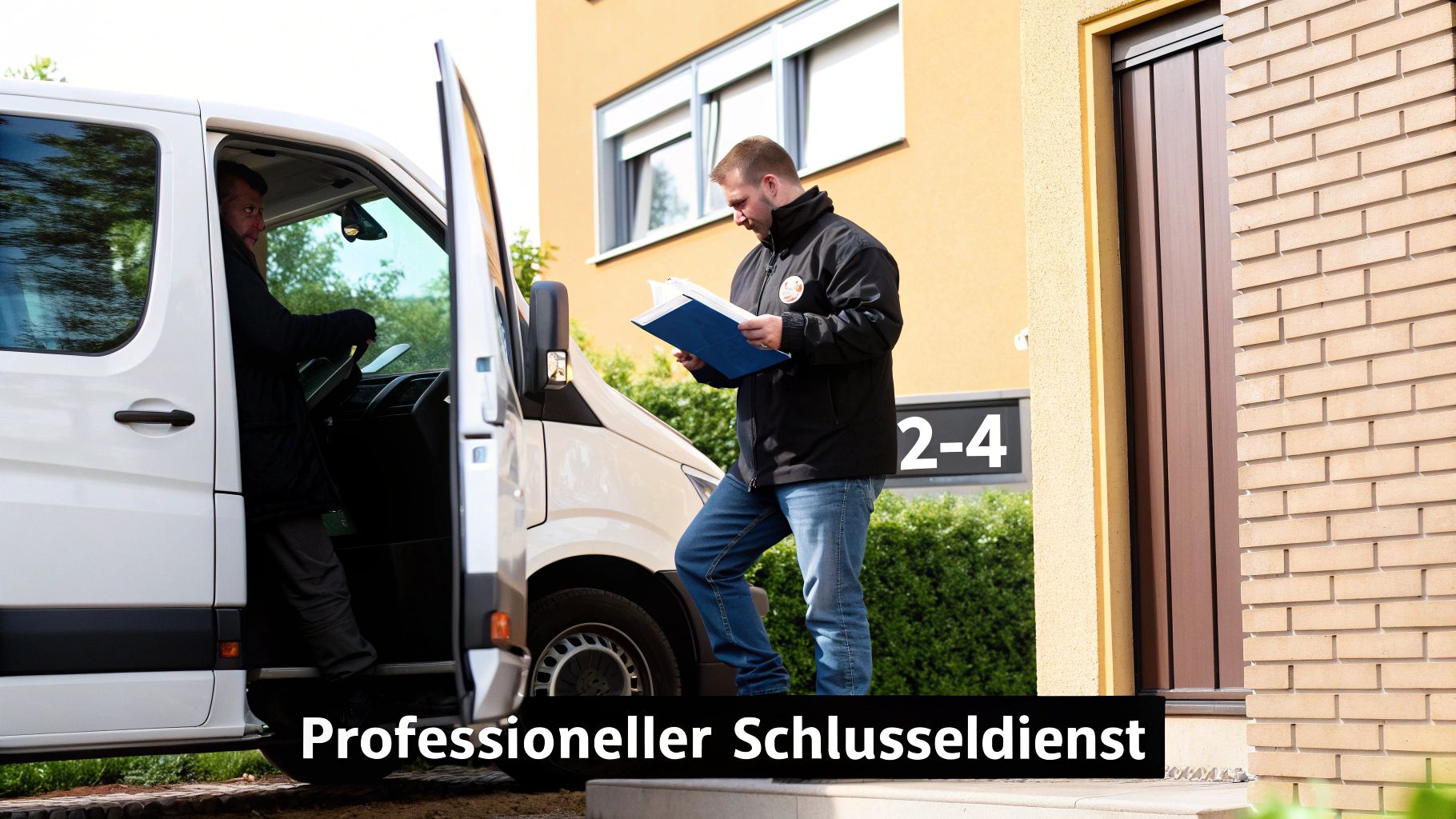 Zwei Männer eines professionellen Schlüsseldienstes vor einem Haus, einer überprüft Dokumente am Lieferwagen.