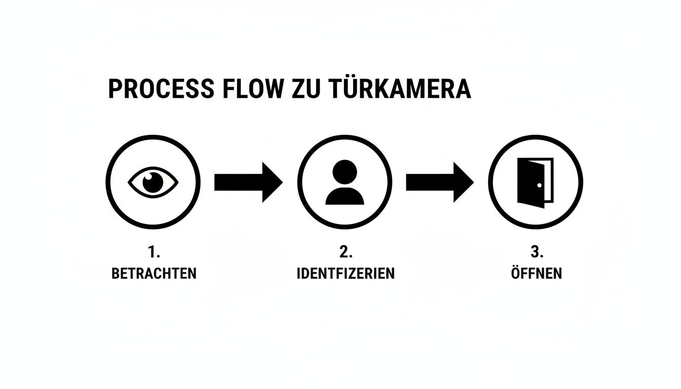 Prozessablauf für eine Türkamera mit den Schritten: Betrachten, Identifizieren und Öffnen.