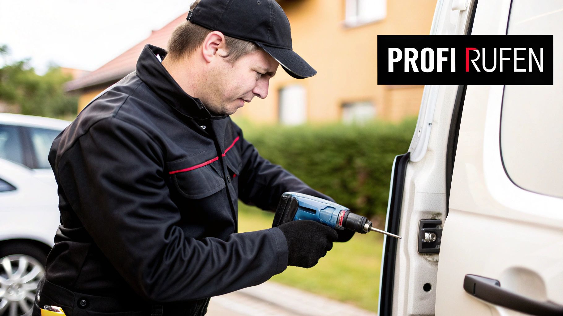 Mann in Arbeitskleidung repariert ein Autoschloss mit einem Akkuschrauber an einem weißen Transporter.