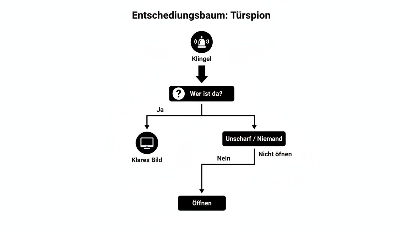 Entscheidungsbaum für einen digitalen Türspion. Er erklärt, ob die Tür nach dem Klingeln und Prüfen geöffnet werden soll.