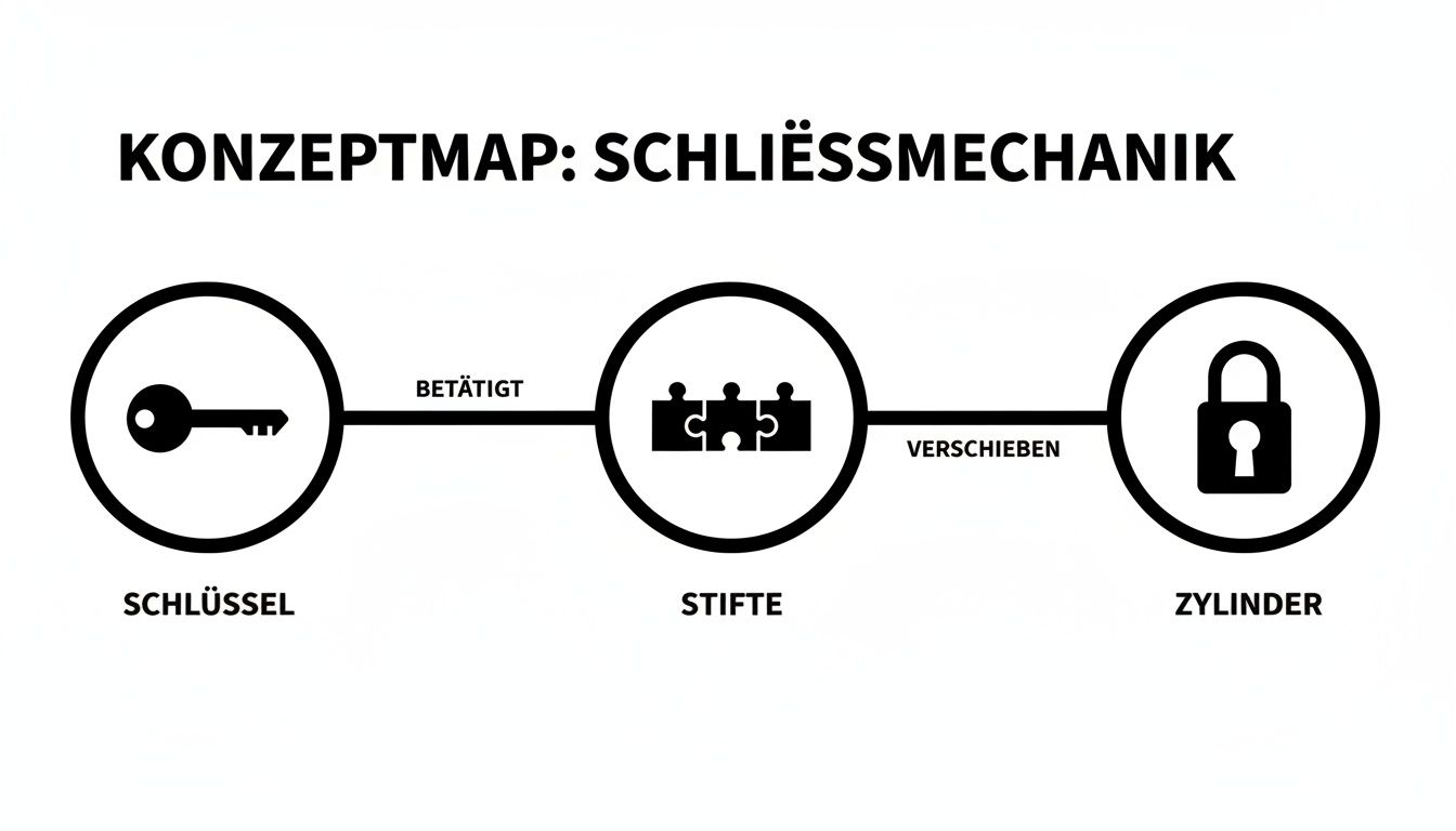 Konzeptkarte zur Schließmechanik: Ein Schlüssel betätigt Stifte, die den Zylinder verschieben.
