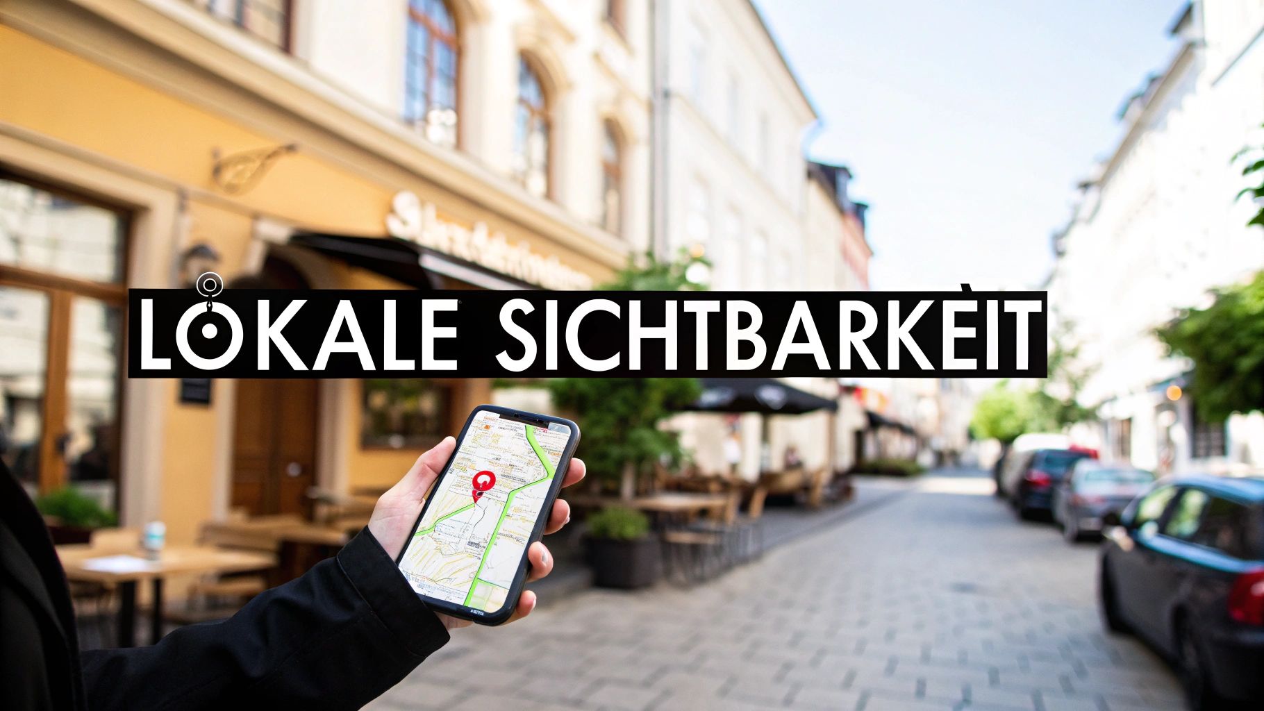 Person holding smartphone with Google Maps navigation and location marker in a city street with local shops