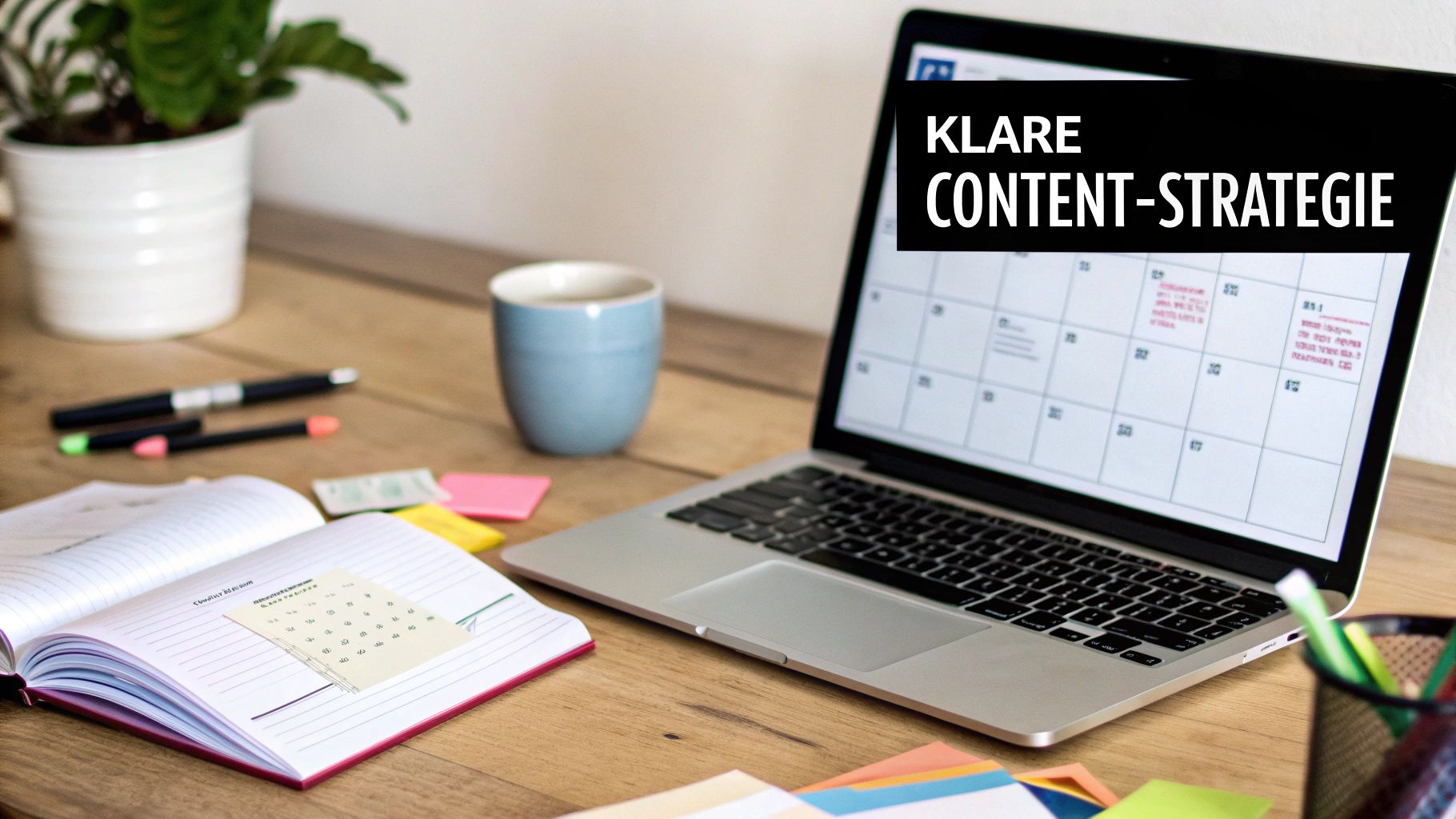 Ein gut organisierter Schreibtisch mit Laptop, Notizbuch und Stiften, der eine geplante Content-Strategie symbolisiert.