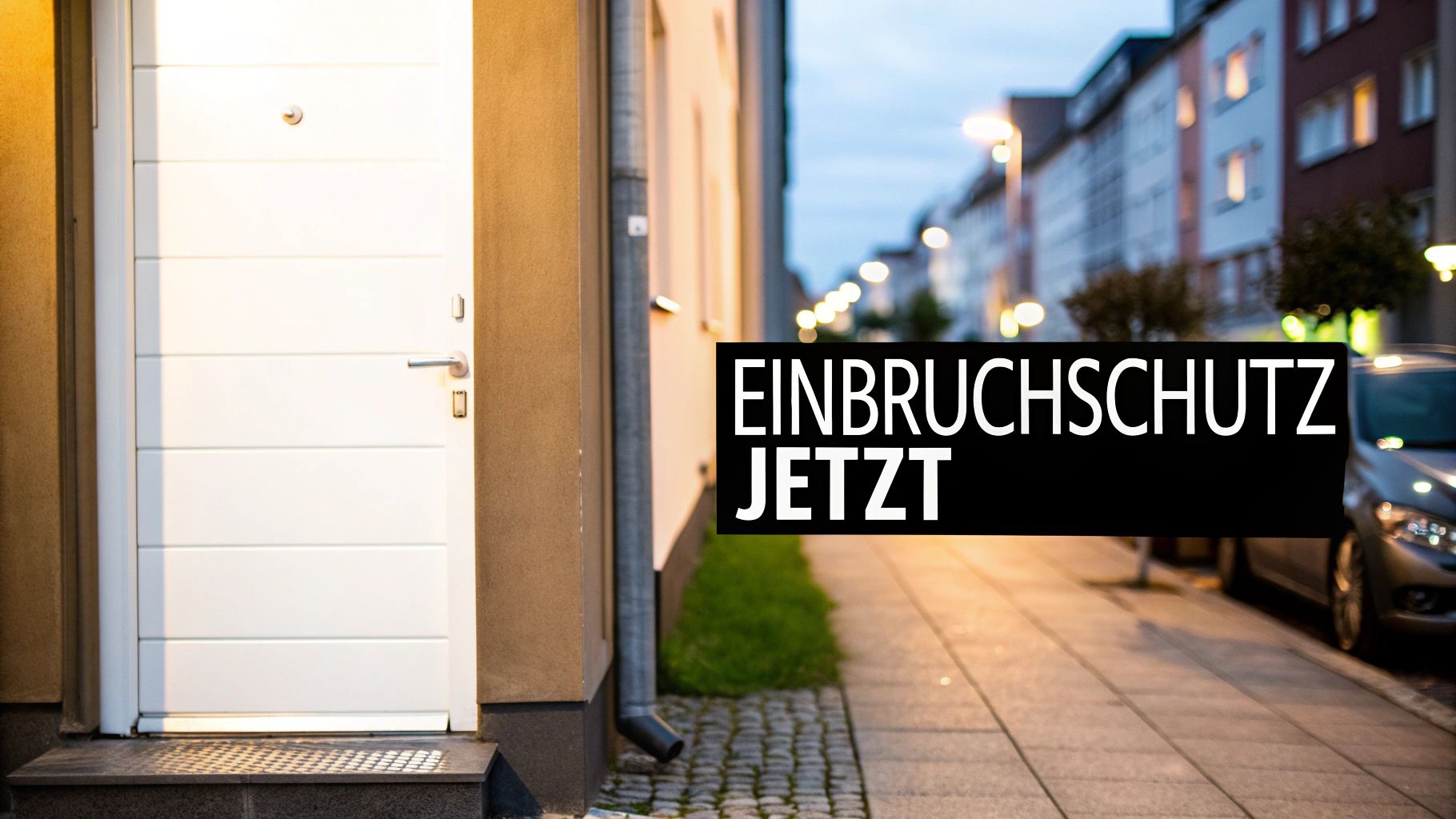 Weiße Haustür eines Hauses mit der Aufschrift 'Einbruchschutz Jetzt', um Sicherheit zu betonen.