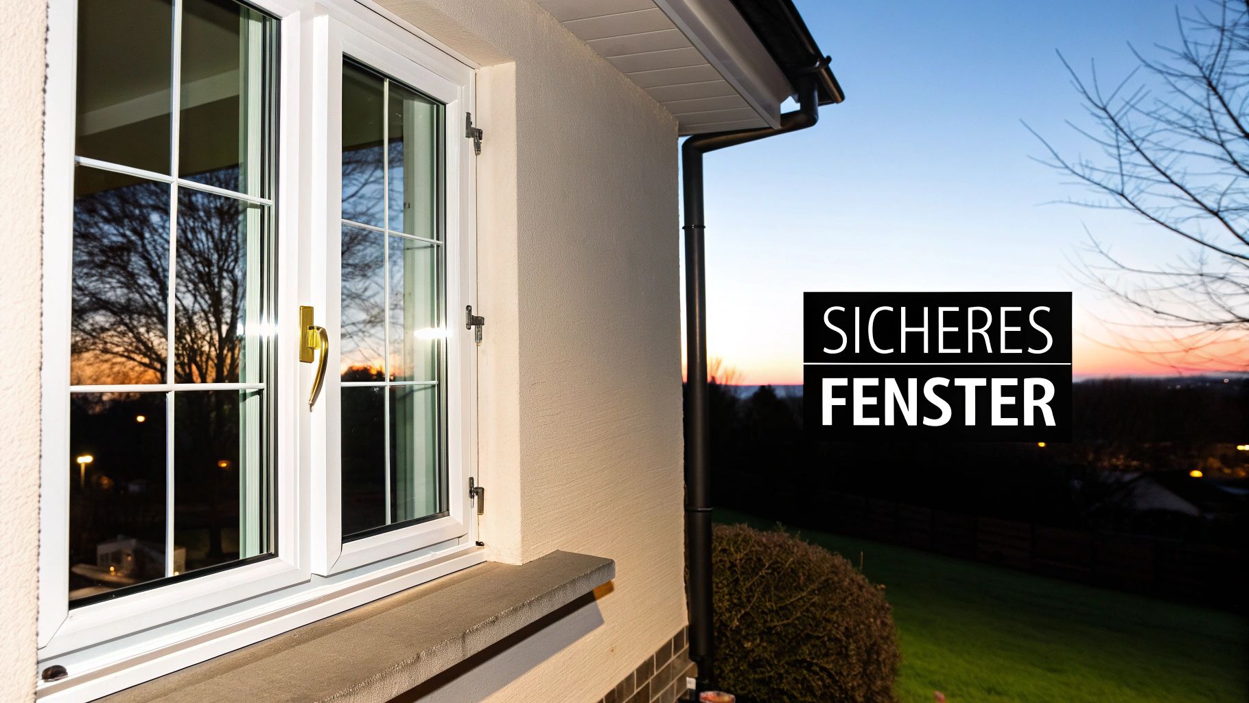 Nahaufnahme eines weißen Fensters mit goldenem Griff, das einen schönen Sonnenuntergang reflektiert. Text: SICHERES FENSTER.