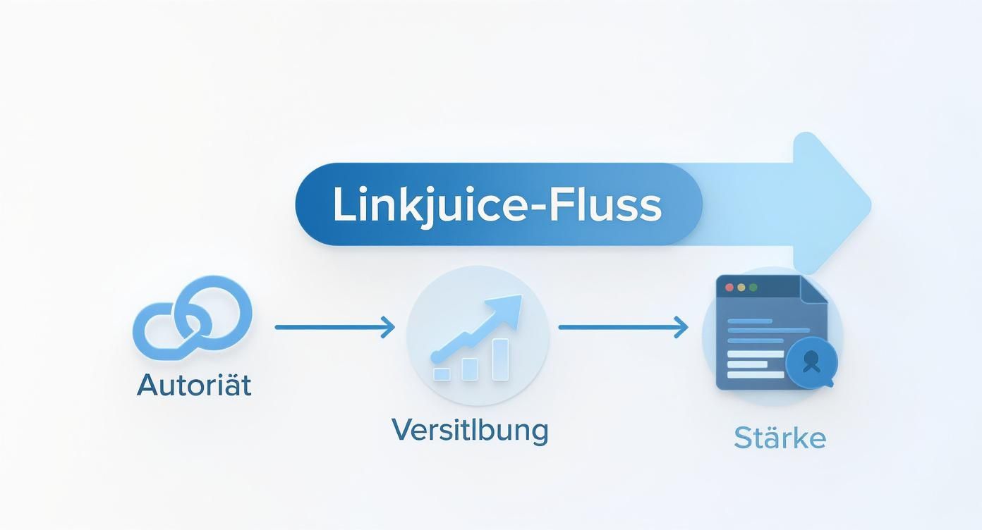 Infografik, die den Fluss von Link-Autorität durch interne Verlinkungen darstellt, von der Quelle über die Verteilung bis zur Stärkung von Zielseiten.