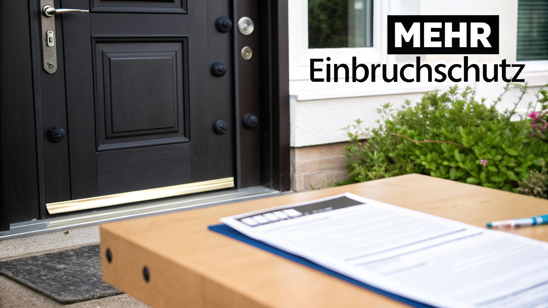 Eine dunkle Haustür mit Sicherheitselementen und dem Text "Mehr Einbruchschutz". Dokumente auf einem Tisch im Vordergrund.