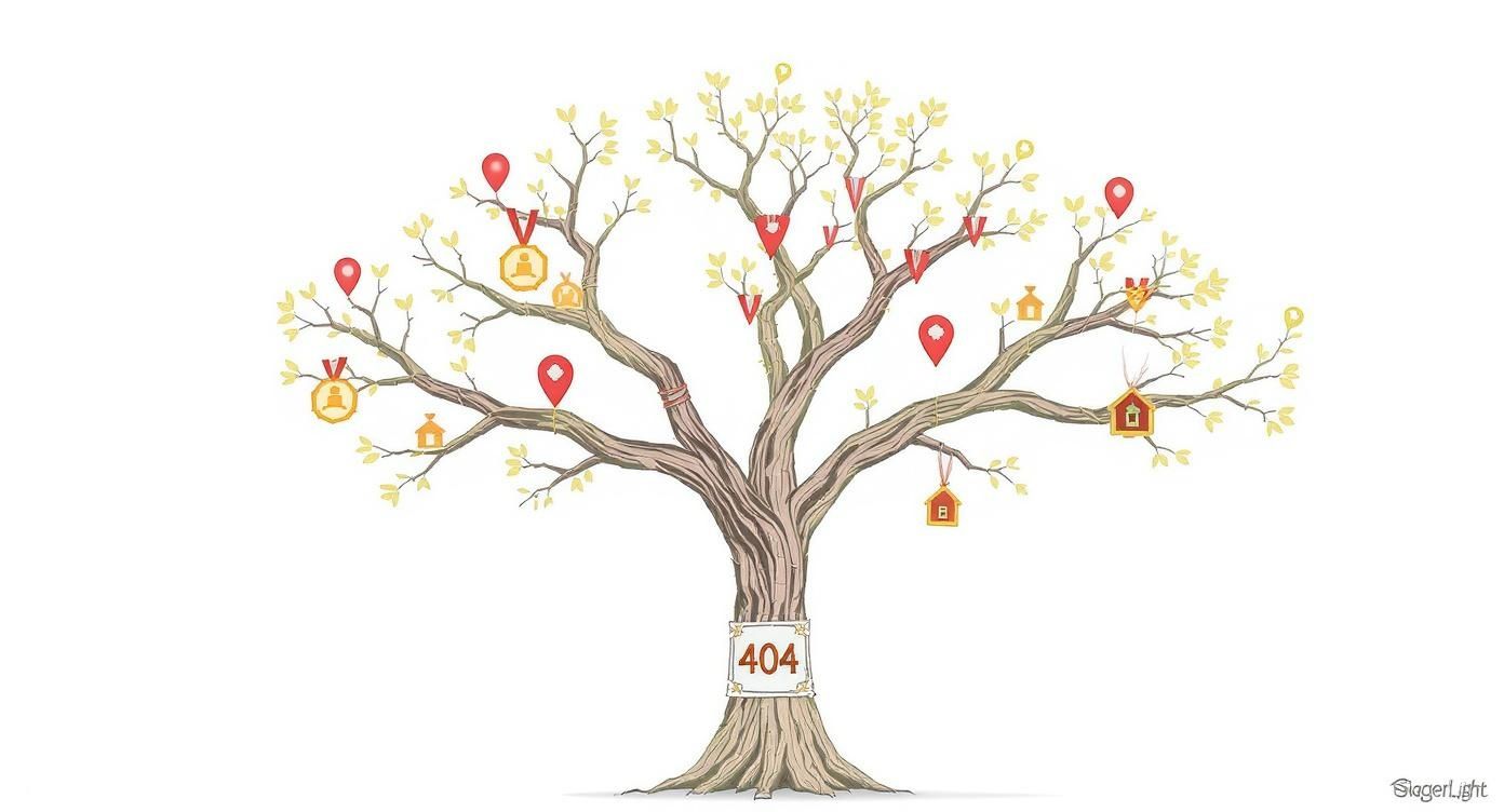 Ein Baum mit gelben Blättern, roten Ortsmarkierungen, goldenen Medaillen und kleinen Häusern, sowie einem '404'-Schild am Stamm.