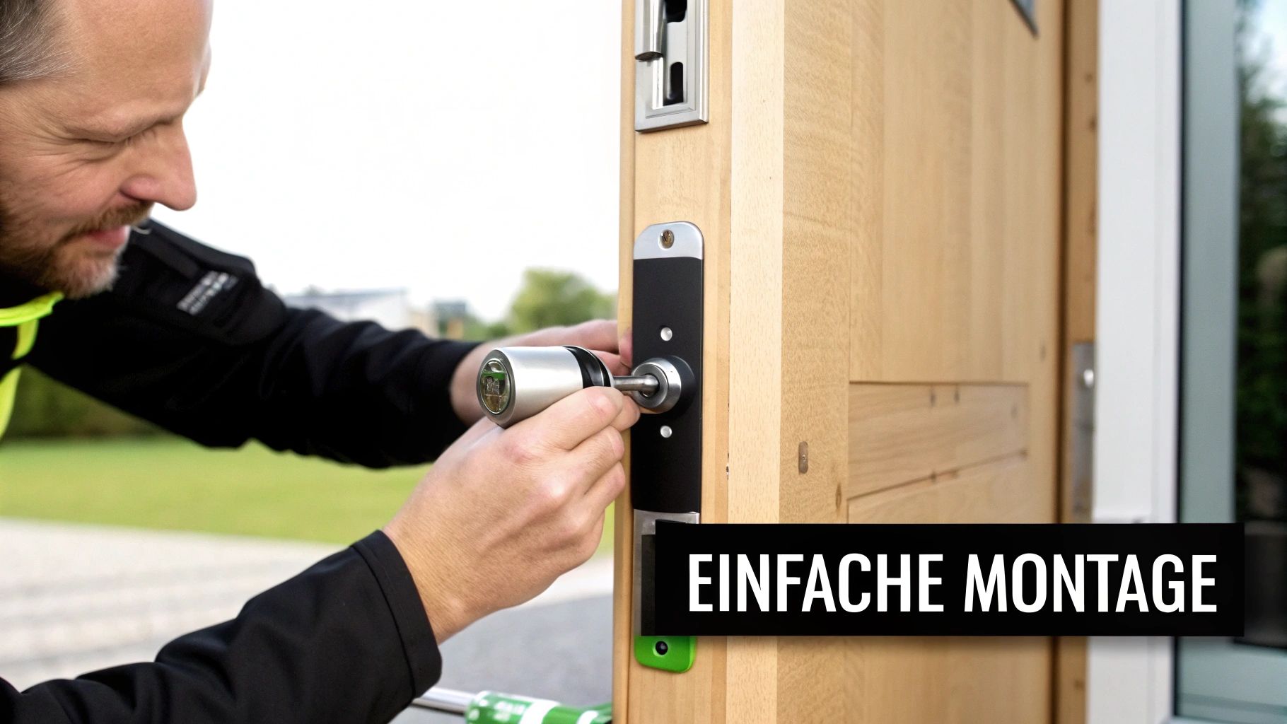 Ein Mann montiert einen silbernen Türzylinder in eine helle Holztür, was die einfache Installation hervorhebt.