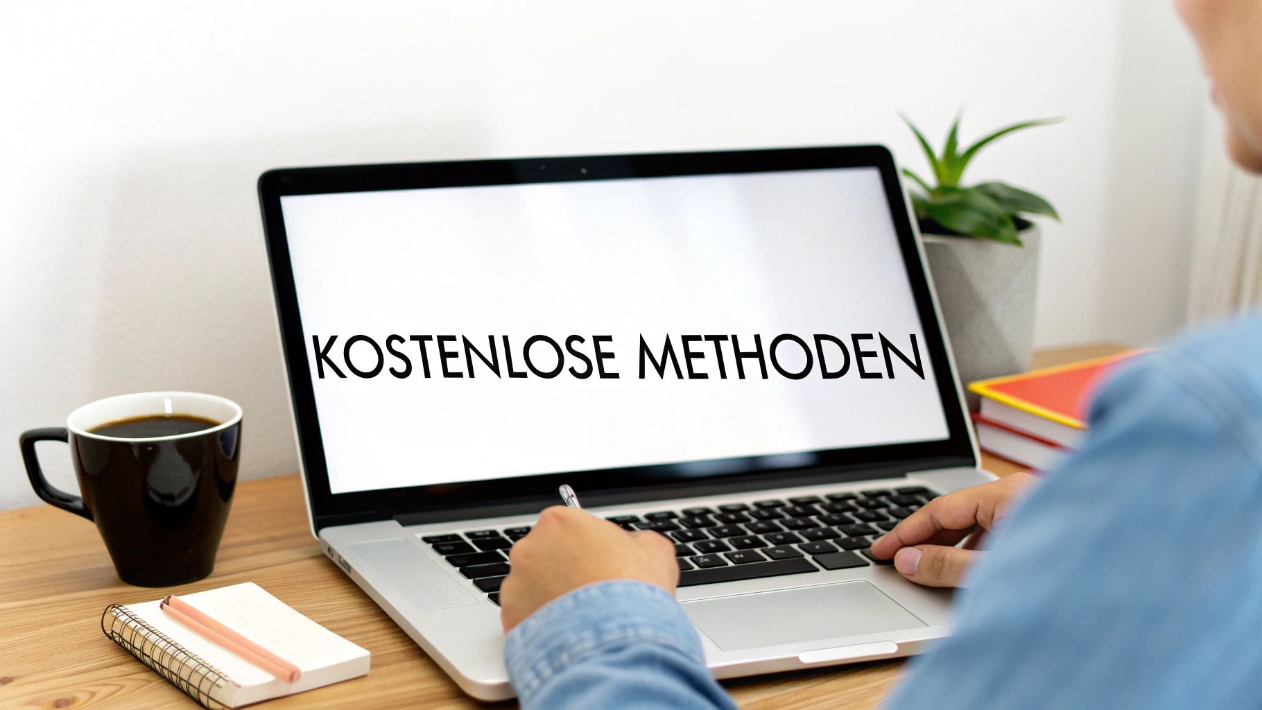 Eine Person tippt auf einem Laptop, der "KOSTENLOSE METHODEN" anzeigt, neben einer Kaffeetasse und einem Notizbuch.