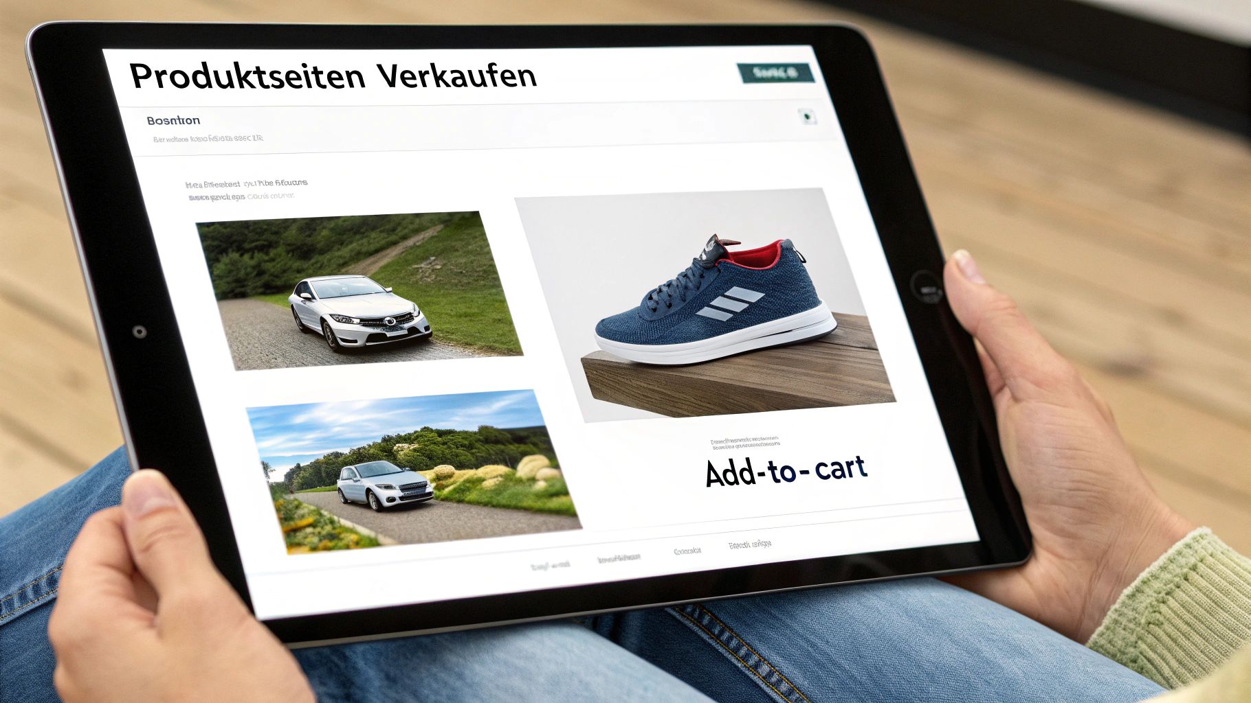 Ein Laptop-Bildschirm zeigt eine gut gestaltete Produktseite mit Bildern, Text und Bewertungen.