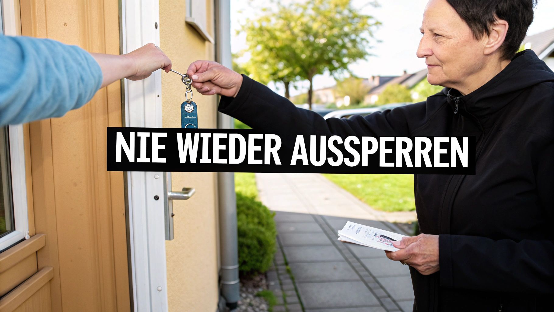 Eine Person übergibt einer anderen Person an einer Haustür einen Schlüsselbund, daneben eine Frau mit Flyer. Text: NIE WIEDER AUSSPERREN.