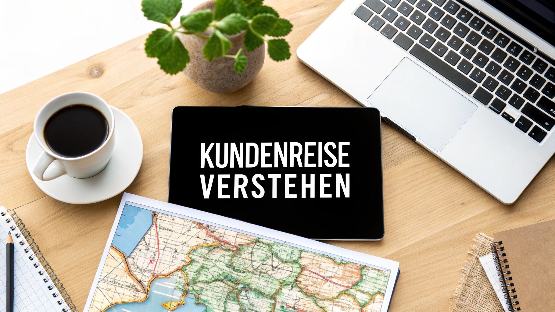 Tablet mit Text 'Kundenreise verstehen' auf Schreibtisch mit Kaffee, Laptop, Landkarte und Pflanze