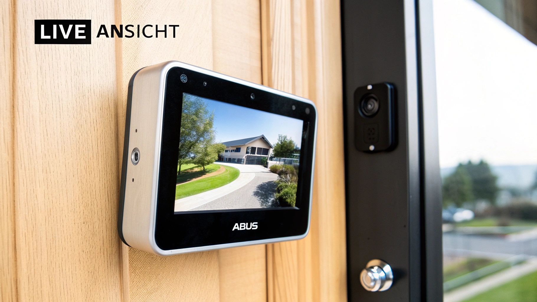 Digitaler ABUS Türspion auf Holzrahmen, zeigt Haus und Auffahrt, daneben schwarze Kamera.