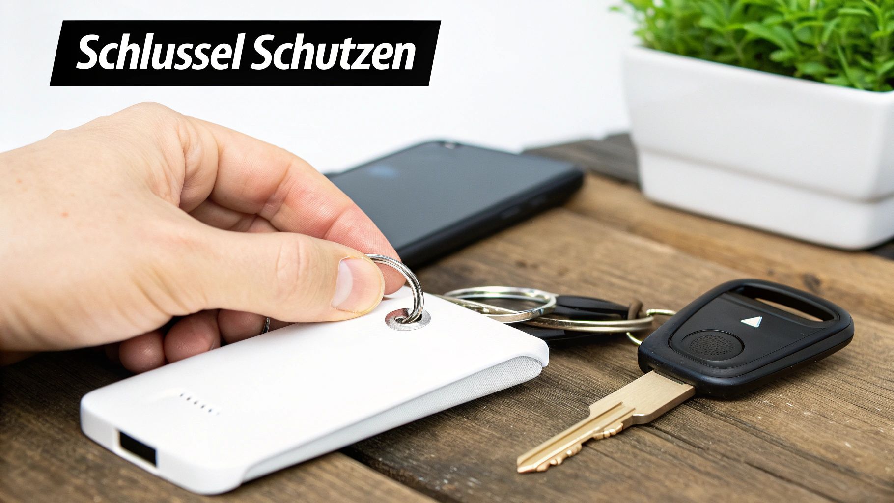 Eine Hand hält einen weißen Schlüsselanhänger neben Autoschlüsseln, einem Smartphone und einer Pflanze auf einem Holztisch.