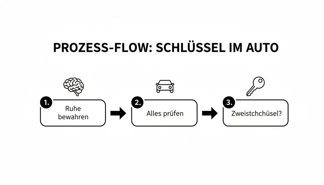 Flussdiagramm: Was tun, wenn der Schlüssel im Auto ist? Ruhe bewahren, alles prüfen, Zweitschlüssel finden.
