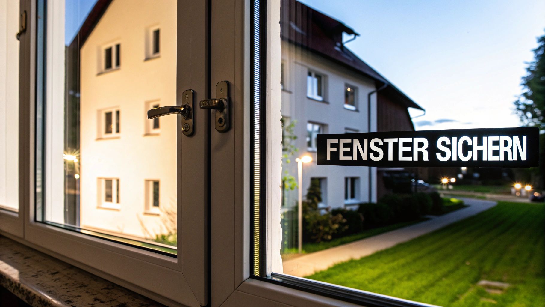 Gekipptes Fenster mit Sicherheitsbeschlag und Schloss zum Schutz vor Einbruch in der Dämmerung